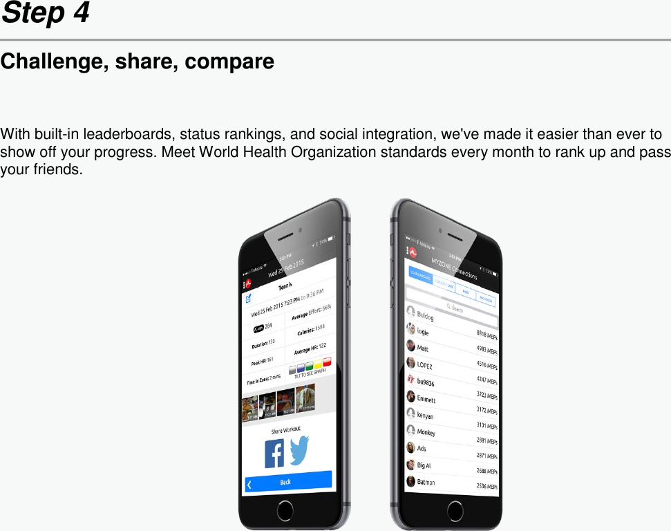 Step 4  Challenge, share, compare With built-in leaderboards, status rankings, and social integration, we&apos;ve made it easier than ever to show off your progress. Meet World Health Organization standards every month to rank up and pass your friends.     