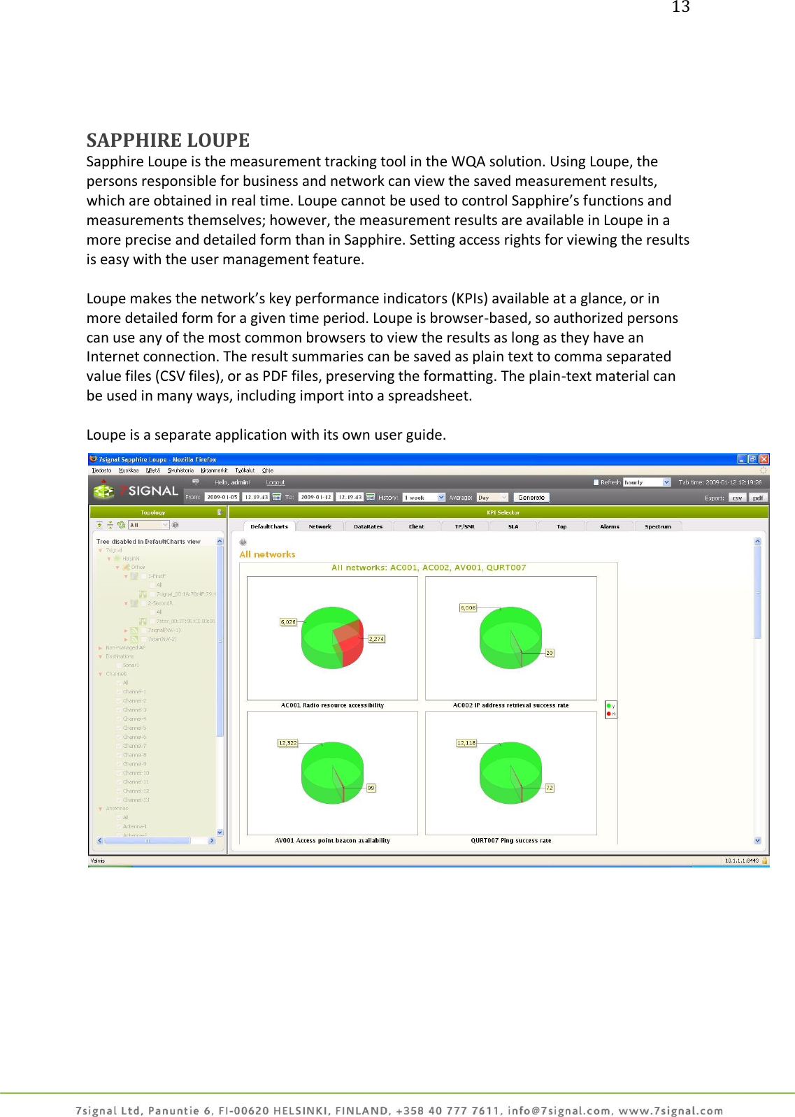 13     SAPPHIRE LOUPE Sapphire Loupe is the measurement tracking tool in the WQA solution. Using Loupe, the persons responsible for business and network can view the saved measurement results, which are obtained in real time. Loupe cannot be used to control Sapphire’s functions and measurements themselves; however, the measurement results are available in Loupe in a more precise and detailed form than in Sapphire. Setting access rights for viewing the results is easy with the user management feature.  Loupe makes the network’s key performance indicators (KPIs) available at a glance, or in more detailed form for a given time period. Loupe is browser-based, so authorized persons can use any of the most common browsers to view the results as long as they have an Internet connection. The result summaries can be saved as plain text to comma separated value files (CSV files), or as PDF files, preserving the formatting. The plain-text material can be used in many ways, including import into a spreadsheet.  Loupe is a separate application with its own user guide.  