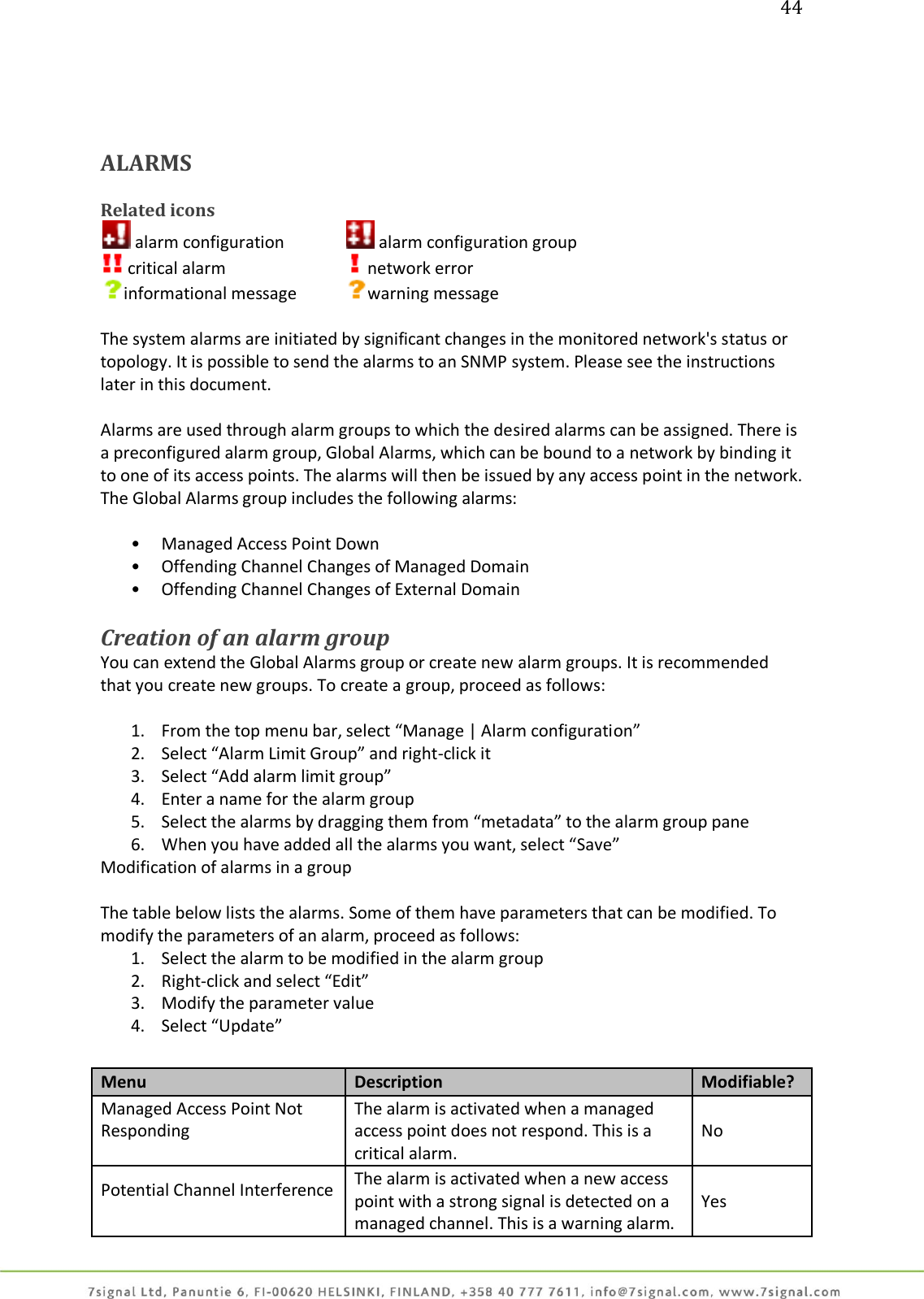 44     ALARMS  Related icons  alarm configuration   alarm configuration group  critical alarm    network error informational message  warning message  The system alarms are initiated by significant changes in the monitored network&apos;s status or topology. It is possible to send the alarms to an SNMP system. Please see the instructions later in this document.  Alarms are used through alarm groups to which the desired alarms can be assigned. There is a preconfigured alarm group, Global Alarms, which can be bound to a network by binding it to one of its access points. The alarms will then be issued by any access point in the network. The Global Alarms group includes the following alarms:  • Managed Access Point Down • Offending Channel Changes of Managed Domain • Offending Channel Changes of External Domain  Creation of an alarm group You can extend the Global Alarms group or create new alarm groups. It is recommended that you create new groups. To create a group, proceed as follows:  1. From the top menu bar, select “Manage | Alarm configuration” 2. Select “Alarm Limit Group” and right-click it  3. Select “Add alarm limit group” 4. Enter a name for the alarm group 5. Select the alarms by dragging them from “metadata” to the alarm group pane 6. When you have added all the alarms you want, select “Save” Modification of alarms in a group  The table below lists the alarms. Some of them have parameters that can be modified. To modify the parameters of an alarm, proceed as follows: 1. Select the alarm to be modified in the alarm group 2. Right-click and select “Edit” 3. Modify the parameter value 4. Select “Update”  Menu Description Modifiable? Managed Access Point Not Responding   The alarm is activated when a managed access point does not respond. This is a critical alarm. No Potential Channel Interference   The alarm is activated when a new access point with a strong signal is detected on a managed channel. This is a warning alarm. Yes 