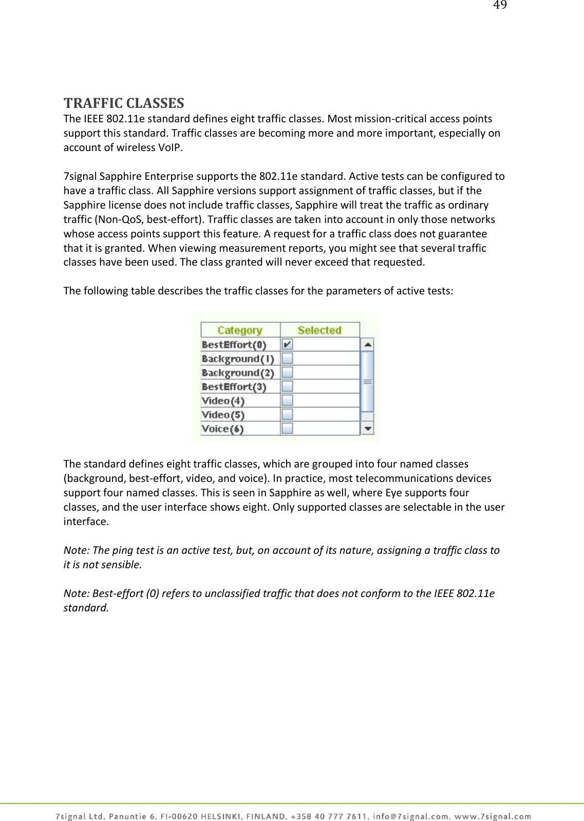 49     TRAFFIC CLASSES The IEEE 802.11e standard defines eight traffic classes. Most mission-critical access points support this standard. Traffic classes are becoming more and more important, especially on account of wireless VoIP.  7signal Sapphire Enterprise supports the 802.11e standard. Active tests can be configured to have a traffic class. All Sapphire versions support assignment of traffic classes, but if the Sapphire license does not include traffic classes, Sapphire will treat the traffic as ordinary traffic (Non-QoS, best-effort). Traffic classes are taken into account in only those networks whose access points support this feature. A request for a traffic class does not guarantee that it is granted. When viewing measurement reports, you might see that several traffic classes have been used. The class granted will never exceed that requested.  The following table describes the traffic classes for the parameters of active tests:  The standard defines eight traffic classes, which are grouped into four named classes (background, best-effort, video, and voice). In practice, most telecommunications devices support four named classes. This is seen in Sapphire as well, where Eye supports four classes, and the user interface shows eight. Only supported classes are selectable in the user interface.  Note: The ping test is an active test, but, on account of its nature, assigning a traffic class to it is not sensible.  Note: Best-effort (0) refers to unclassified traffic that does not conform to the IEEE 802.11e standard. 