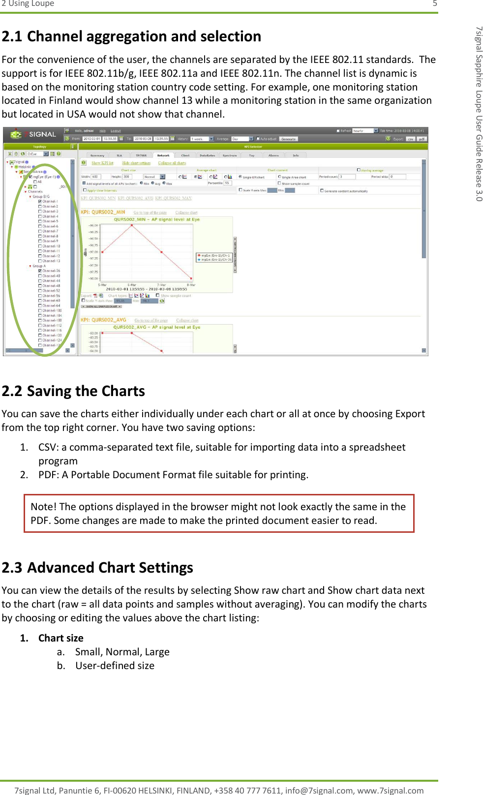 2 Using Loupe  5 7signal Ltd, Panuntie 6, FI-00620 HELSINKI, FINLAND, +358 40 777 7611, info@7signal.com, www.7signal.com 7signal Sapphire Loupe User Guide Release 3.0 2.1 Channel aggregation and selection For the convenience of the user, the channels are separated by the IEEE 802.11 standards.  The support is for IEEE 802.11b/g, IEEE 802.11a and IEEE 802.11n. The channel list is dynamic is based on the monitoring station country code setting. For example, one monitoring station located in Finland would show channel 13 while a monitoring station in the same organization but located in USA would not show that channel.  2.2 Saving the Charts You can save the charts either individually under each chart or all at once by choosing Export from the top right corner. You have two saving options: 1. CSV: a comma-separated text file, suitable for importing data into a spreadsheet program 2. PDF: A Portable Document Format file suitable for printing.  Note! The options displayed in the browser might not look exactly the same in the PDF. Some changes are made to make the printed document easier to read. 2.3 Advanced Chart Settings You can view the details of the results by selecting Show raw chart and Show chart data next to the chart (raw = all data points and samples without averaging). You can modify the charts by choosing or editing the values above the chart listing: 1. Chart size a. Small, Normal, Large b. User-defined size 