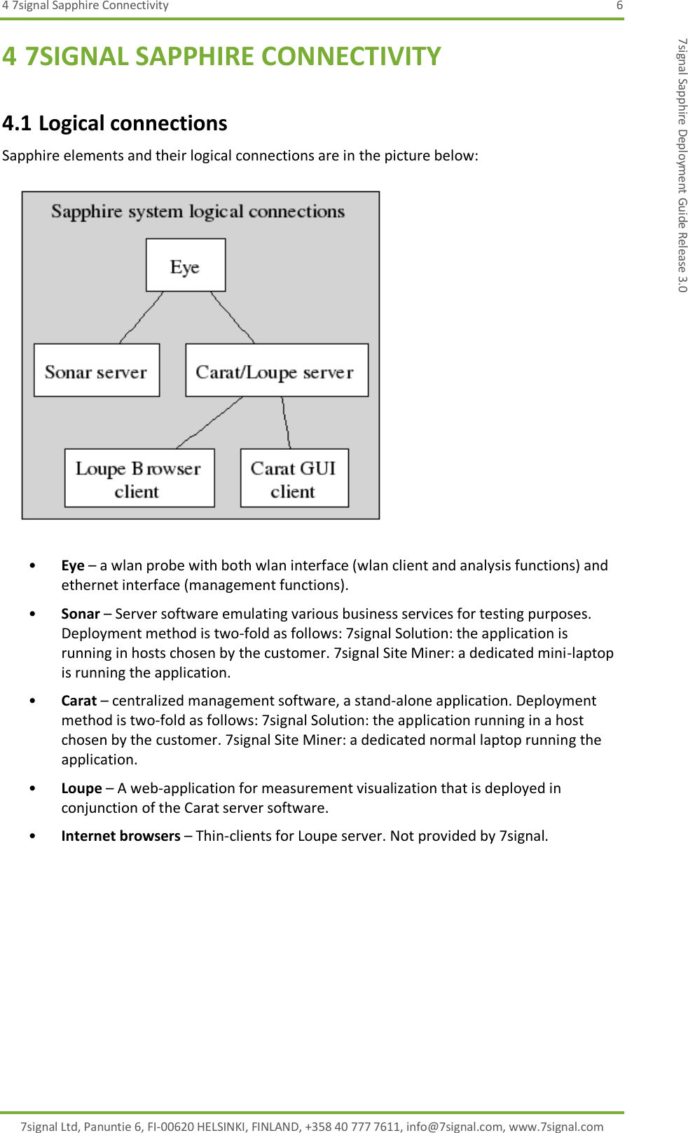4 7signal Sapphire Connectivity  6 7signal Ltd, Panuntie 6, FI-00620 HELSINKI, FINLAND, +358 40 777 7611, info@7signal.com, www.7signal.com 7signal Sapphire Deployment Guide Release 3.0 4 7SIGNAL SAPPHIRE CONNECTIVITY 4.1 Logical connections Sapphire elements and their logical connections are in the picture below:  • Eye – a wlan probe with both wlan interface (wlan client and analysis functions) and ethernet interface (management functions). • Sonar – Server software emulating various business services for testing purposes. Deployment method is two-fold as follows: 7signal Solution: the application is running in hosts chosen by the customer. 7signal Site Miner: a dedicated mini-laptop is running the application. • Carat – centralized management software, a stand-alone application. Deployment method is two-fold as follows: 7signal Solution: the application running in a host chosen by the customer. 7signal Site Miner: a dedicated normal laptop running the application. • Loupe – A web-application for measurement visualization that is deployed in conjunction of the Carat server software. • Internet browsers – Thin-clients for Loupe server. Not provided by 7signal.  