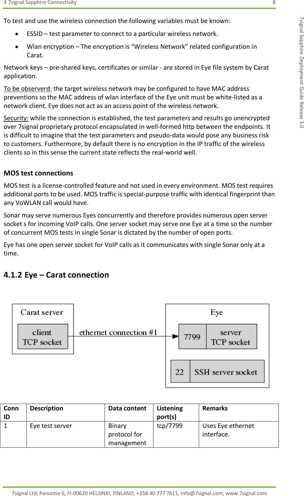 4 7signal Sapphire Connectivity  8 7signal Ltd, Panuntie 6, FI-00620 HELSINKI, FINLAND, +358 40 777 7611, info@7signal.com, www.7signal.com 7signal Sapphire Deployment Guide Release 3.0 To test and use the wireless connection the following variables must be known:  ESSID – test parameter to connect to a particular wireless network.  Wlan encryption – The encryption is “Wireless Network” related configuration in Carat. Network keys – pre-shared keys, certificates or similar - are stored in Eye file system by Carat application. To be observerd: the target wireless network may be configured to have MAC address preventions so the MAC address of wlan interface of the Eye unit must be white-listed as a network client. Eye does not act as an access point of the wireless network. Security: while the connection is established, the test parameters and results go unencrypted over 7signal proprietary protocol encapsulated in well-formed http between the endpoints. It is difficult to imagine that the test parameters and pseudo-data would pose any business risk to customers. Furthermore, by default there is no encryption in the IP traffic of the wireless clients so in this sense the current state reflects the real-world well. MOS test connections MOS test is a license-controlled feature and not used in every environment. MOS test requires additional ports to be used. MOS traffic is special-purpose traffic with identical fingerprint than any VoWLAN call would have. Sonar may serve numerous Eyes concurrently and therefore provides numerous open server socket s for incoming VoIP calls. One server socket may serve one Eye at a time so the number of concurrent MOS tests in single Sonar is dictated by the number of open ports. Eye has one open server socket for VoIP calls as it communicates with single Sonar only at a time. 4.1.2 Eye – Carat connection   Conn ID Description Data content Listening port(s)  Remarks 1 Eye test server Binary protocol for management tcp/7799 Uses Eye ethernet interface. 