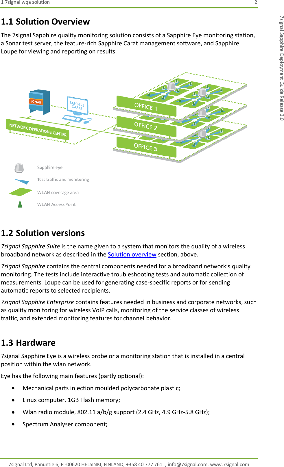 1 7signal wqa solution  2 7signal Ltd, Panuntie 6, FI-00620 HELSINKI, FINLAND, +358 40 777 7611, info@7signal.com, www.7signal.com 7signal Sapphire Deployment Guide Release 3.0 1.1 Solution Overview The 7signal Sapphire quality monitoring solution consists of a Sapphire Eye monitoring station, a Sonar test server, the feature-rich Sapphire Carat management software, and Sapphire Loupe for viewing and reporting on results.  1.2 Solution versions 7signal Sapphire Suite is the name given to a system that monitors the quality of a wireless broadband network as described in the Solution overview section, above. 7signal Sapphire contains the central components needed for a broadband network’s quality monitoring. The tests include interactive troubleshooting tests and automatic collection of measurements. Loupe can be used for generating case-specific reports or for sending automatic reports to selected recipients. 7signal Sapphire Enterprise contains features needed in business and corporate networks, such as quality monitoring for wireless VoIP calls, monitoring of the service classes of wireless traffic, and extended monitoring features for channel behavior. 1.3 Hardware 7signal Sapphire Eye is a wireless probe or a monitoring station that is installed in a central position within the wlan network. Eye has the following main features (partly optional):  Mechanical parts injection moulded polycarbonate plastic;  Linux computer, 1GB Flash memory;  Wlan radio module, 802.11 a/b/g support (2.4 GHz, 4.9 GHz-5.8 GHz);  Spectrum Analyser component; 