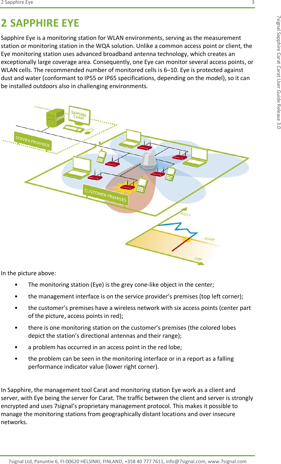 2 Sapphire Eye  3 7signal Ltd, Panuntie 6, FI-00620 HELSINKI, FINLAND, +358 40 777 7611, info@7signal.com, www.7signal.com 7signal Sapphire Carat Carat User Guide Release 3.0 2 SAPPHIRE EYE Sapphire Eye is a monitoring station for WLAN environments, serving as the measurement station or monitoring station in the WQA solution. Unlike a common access point or client, the Eye monitoring station uses advanced broadband antenna technology, which creates an exceptionally large coverage area. Consequently, one Eye can monitor several access points, or WLAN cells. The recommended number of monitored cells is 6–10. Eye is protected against dust and water (conformant to IP55 or IP65 specifications, depending on the model), so it can be installed outdoors also in challenging environments.    In the picture above: • The monitoring station (Eye) is the grey cone-like object in the center; • the management interface is on the service provider’s premises (top left corner); • the customer’s premises have a wireless network with six access points (center part of the picture, access points in red); • there is one monitoring station on the customer’s premises (the colored lobes depict the station’s directional antennas and their range); • a problem has occurred in an access point in the red lobe; • the problem can be seen in the monitoring interface or in a report as a falling performance indicator value (lower right corner).  In Sapphire, the management tool Carat and monitoring station Eye work as a client and server, with Eye being the server for Carat. The traffic between the client and server is strongly encrypted and uses 7signal’s proprietary management protocol. This makes it possible to manage the monitoring stations from geographically distant locations and over insecure networks. 