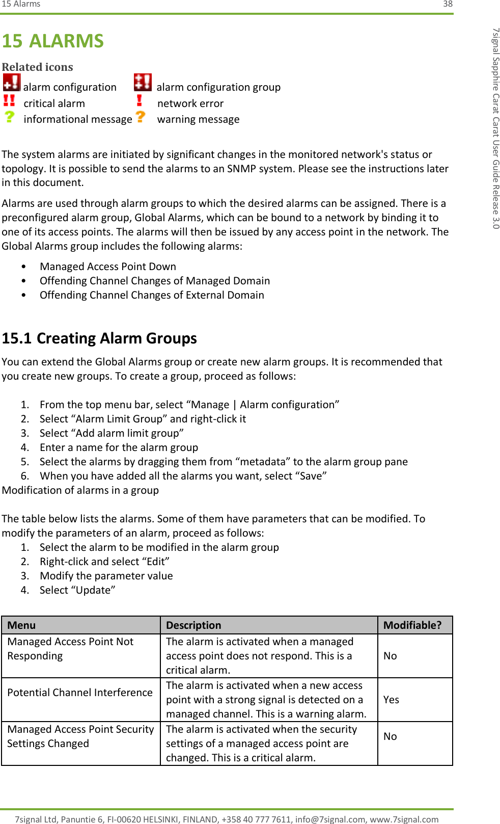 15 Alarms  38 7signal Ltd, Panuntie 6, FI-00620 HELSINKI, FINLAND, +358 40 777 7611, info@7signal.com, www.7signal.com 7signal Sapphire Carat Carat User Guide Release 3.0 15 ALARMS Related icons  alarm configuration         alarm configuration group    critical alarm             network error    informational message     warning message  The system alarms are initiated by significant changes in the monitored network&apos;s status or topology. It is possible to send the alarms to an SNMP system. Please see the instructions later in this document. Alarms are used through alarm groups to which the desired alarms can be assigned. There is a preconfigured alarm group, Global Alarms, which can be bound to a network by binding it to one of its access points. The alarms will then be issued by any access point in the network. The Global Alarms group includes the following alarms: • Managed Access Point Down • Offending Channel Changes of Managed Domain • Offending Channel Changes of External Domain 15.1 Creating Alarm Groups You can extend the Global Alarms group or create new alarm groups. It is recommended that you create new groups. To create a group, proceed as follows:  1. From the top menu bar, select “Manage | Alarm configuration” 2. Select “Alarm Limit Group” and right-click it  3. Select “Add alarm limit group” 4. Enter a name for the alarm group 5. Select the alarms by dragging them from “metadata” to the alarm group pane 6. When you have added all the alarms you want, select “Save” Modification of alarms in a group  The table below lists the alarms. Some of them have parameters that can be modified. To modify the parameters of an alarm, proceed as follows: 1. Select the alarm to be modified in the alarm group 2. Right-click and select “Edit” 3. Modify the parameter value 4. Select “Update”  Menu Description Modifiable? Managed Access Point Not Responding   The alarm is activated when a managed access point does not respond. This is a critical alarm. No Potential Channel Interference   The alarm is activated when a new access point with a strong signal is detected on a managed channel. This is a warning alarm. Yes Managed Access Point Security Settings Changed   The alarm is activated when the security settings of a managed access point are changed. This is a critical alarm. No  
