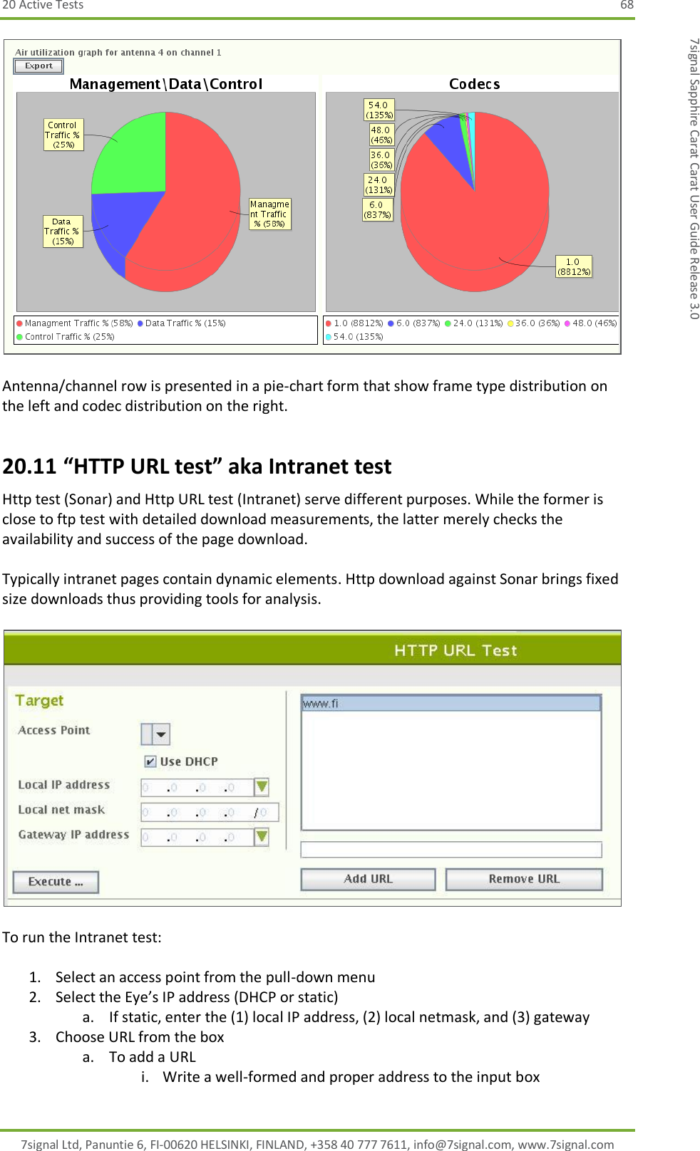 20 Active Tests  68 7signal Ltd, Panuntie 6, FI-00620 HELSINKI, FINLAND, +358 40 777 7611, info@7signal.com, www.7signal.com 7signal Sapphire Carat Carat User Guide Release 3.0   Antenna/channel row is presented in a pie-chart form that show frame type distribution on the left and codec distribution on the right. 20.11 “HTTP URL test” aka Intranet test Http test (Sonar) and Http URL test (Intranet) serve different purposes. While the former is close to ftp test with detailed download measurements, the latter merely checks the availability and success of the page download.  Typically intranet pages contain dynamic elements. Http download against Sonar brings fixed size downloads thus providing tools for analysis.    To run the Intranet test:  1. Select an access point from the pull-down menu 2. Select the Eye’s IP address (DHCP or static) a. If static, enter the (1) local IP address, (2) local netmask, and (3) gateway 3. Choose URL from the box a. To add a URL i. Write a well-formed and proper address to the input box 