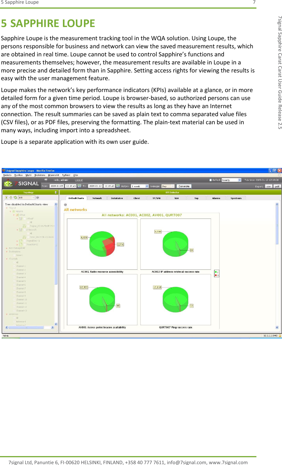 5 Sapphire Loupe  7 7signal Ltd, Panuntie 6, FI-00620 HELSINKI, FINLAND, +358 40 777 7611, info@7signal.com, www.7signal.com 7signal Sapphire Carat Carat User Guide Release 2.5 5 SAPPHIRE LOUPE Sapphire Loupe is the measurement tracking tool in the WQA solution. Using Loupe, the persons responsible for business and network can view the saved measurement results, which are obtained in real time. Loupe cannot be used to control Sapphire’s functions and measurements themselves; however, the measurement results are available in Loupe in a more precise and detailed form than in Sapphire. Setting access rights for viewing the results is easy with the user management feature. Loupe makes the network’s key performance indicators (KPIs) available at a glance, or in more detailed form for a given time period. Loupe is browser-based, so authorized persons can use any of the most common browsers to view the results as long as they have an Internet connection. The result summaries can be saved as plain text to comma separated value files (CSV files), or as PDF files, preserving the formatting. The plain-text material can be used in many ways, including import into a spreadsheet. Loupe is a separate application with its own user guide.  