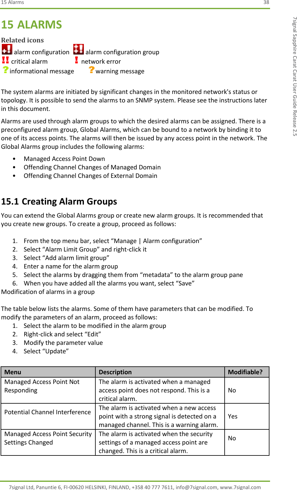 15 Alarms  38 7signal Ltd, Panuntie 6, FI-00620 HELSINKI, FINLAND, +358 40 777 7611, info@7signal.com, www.7signal.com 7signal Sapphire Carat Carat User Guide Release 2.5 15 ALARMS Related icons  alarm configuration   alarm configuration group  critical alarm    network error informational message  warning message  The system alarms are initiated by significant changes in the monitored network&apos;s status or topology. It is possible to send the alarms to an SNMP system. Please see the instructions later in this document. Alarms are used through alarm groups to which the desired alarms can be assigned. There is a preconfigured alarm group, Global Alarms, which can be bound to a network by binding it to one of its access points. The alarms will then be issued by any access point in the network. The Global Alarms group includes the following alarms: • Managed Access Point Down • Offending Channel Changes of Managed Domain • Offending Channel Changes of External Domain 15.1 Creating Alarm Groups You can extend the Global Alarms group or create new alarm groups. It is recommended that you create new groups. To create a group, proceed as follows:  1. From the top menu bar, select “Manage | Alarm configuration” 2. Select “Alarm Limit Group” and right-click it  3. Select “Add alarm limit group” 4. Enter a name for the alarm group 5. Select the alarms by dragging them from “metadata” to the alarm group pane 6. When you have added all the alarms you want, select “Save” Modification of alarms in a group  The table below lists the alarms. Some of them have parameters that can be modified. To modify the parameters of an alarm, proceed as follows: 1. Select the alarm to be modified in the alarm group 2. Right-click and select “Edit” 3. Modify the parameter value 4. Select “Update”  Menu Description Modifiable? Managed Access Point Not Responding   The alarm is activated when a managed access point does not respond. This is a critical alarm. No Potential Channel Interference   The alarm is activated when a new access point with a strong signal is detected on a managed channel. This is a warning alarm. Yes Managed Access Point Security Settings Changed   The alarm is activated when the security settings of a managed access point are changed. This is a critical alarm. No  