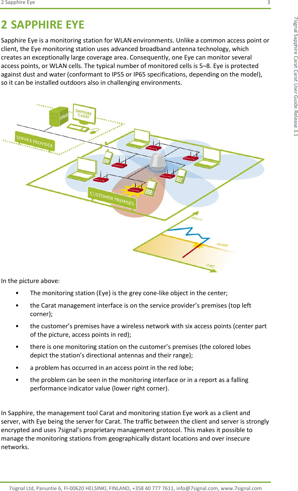 2 Sapphire Eye  3 7signal Ltd, Panuntie 6, FI-00620 HELSINKI, FINLAND, +358 40 777 7611, info@7signal.com, www.7signal.com 7signal Sapphire Carat Carat User Guide Release 3.1 2 SAPPHIRE EYE Sapphire Eye is a monitoring station for WLAN environments. Unlike a common access point or client, the Eye monitoring station uses advanced broadband antenna technology, which creates an exceptionally large coverage area. Consequently, one Eye can monitor several access points, or WLAN cells. The typical number of monitored cells is 5–8. Eye is protected against dust and water (conformant to IP55 or IP65 specifications, depending on the model), so it can be installed outdoors also in challenging environments.    In the picture above: • The monitoring station (Eye) is the grey cone-like object in the center; • the Carat management interface is on the service provider’s premises (top left corner); • the customer’s premises have a wireless network with six access points (center part of the picture, access points in red); • there is one monitoring station on the customer’s premises (the colored lobes depict the station’s directional antennas and their range); • a problem has occurred in an access point in the red lobe; • the problem can be seen in the monitoring interface or in a report as a falling performance indicator value (lower right corner).  In Sapphire, the management tool Carat and monitoring station Eye work as a client and server, with Eye being the server for Carat. The traffic between the client and server is strongly encrypted and uses 7signal’s proprietary management protocol. This makes it possible to manage the monitoring stations from geographically distant locations and over insecure networks. 