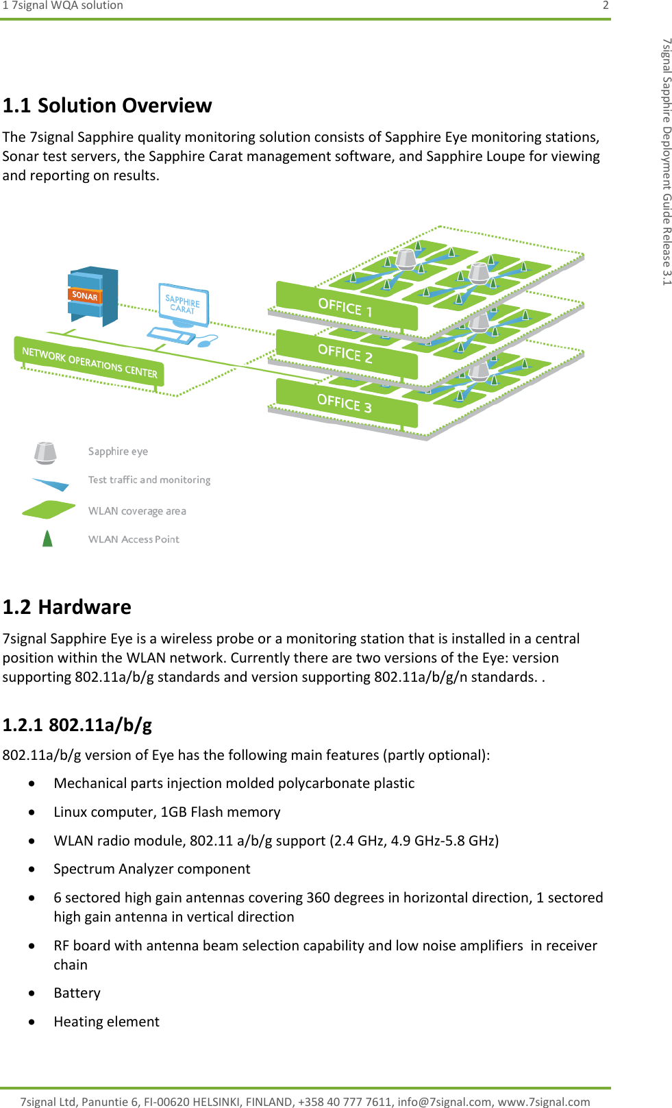 1 7signal WQA solution  2 7signal Ltd, Panuntie 6, FI-00620 HELSINKI, FINLAND, +358 40 777 7611, info@7signal.com, www.7signal.com 7signal Sapphire Deployment Guide Release 3.1  1.1 Solution Overview The 7signal Sapphire quality monitoring solution consists of Sapphire Eye monitoring stations, Sonar test servers, the Sapphire Carat management software, and Sapphire Loupe for viewing and reporting on results.  1.2 Hardware 7signal Sapphire Eye is a wireless probe or a monitoring station that is installed in a central position within the WLAN network. Currently there are two versions of the Eye: version supporting 802.11a/b/g standards and version supporting 802.11a/b/g/n standards. . 1.2.1 802.11a/b/g 802.11a/b/g version of Eye has the following main features (partly optional):  Mechanical parts injection molded polycarbonate plastic  Linux computer, 1GB Flash memory  WLAN radio module, 802.11 a/b/g support (2.4 GHz, 4.9 GHz-5.8 GHz)  Spectrum Analyzer component  6 sectored high gain antennas covering 360 degrees in horizontal direction, 1 sectored high gain antenna in vertical direction  RF board with antenna beam selection capability and low noise amplifiers  in receiver chain  Battery  Heating element 