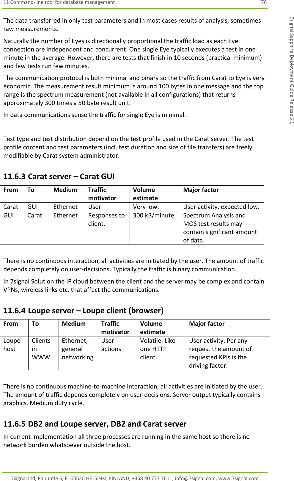 11 Command-line tool for database management  76 7signal Ltd, Panuntie 6, FI-00620 HELSINKI, FINLAND, +358 40 777 7611, info@7signal.com, www.7signal.com 7signal Sapphire Deployment Guide Release 3.1 The data transferred in only test parameters and in most cases results of analysis, sometimes raw measurements. Naturally the number of Eyes is directionally proportional the traffic load as each Eye connection are independent and concurrent. One single Eye typically executes a test in one minute in the average. However, there are tests that finish in 10 seconds (practical minimum) and few tests run few minutes. The communication protocol is both minimal and binary so the traffic from Carat to Eye is very economic. The measurement result minimum is around 100 bytes in one message and the top range is the spectrum measurement (not available in all configurations) that returns approximately 300 times a 50 byte result unit. In data communications sense the traffic for single Eye is minimal.  Test type and test distribution depend on the test profile used in the Carat server. The test profile content and test parameters (incl. test duration and size of file transfers) are freely modifiable by Carat system administrator. 11.6.3 Carat server – Carat GUI From To Medium Traffic motivator Volume estimate Major factor Carat GUI Ethernet User Very low. User activity, expected low. GUI Carat Ethernet Responses to client. 300 kB/minute Spectrum Analysis and MOS test results may contain significant amount of data.  There is no continuous interaction, all activities are initiated by the user. The amount of traffic depends completely on user-decisions. Typically the traffic is binary communication. In 7signal Solution the IP cloud between the client and the server may be complex and contain VPNs, wireless links etc. that affect the communications. 11.6.4 Loupe server – Loupe client (browser) From To Medium Traffic motivator Volume estimate Major factor Loupe host Clients in WWW Ethernet, general networking User actions Volatile. Like one HTTP client. User activity. Per any request the amount of requested KPIs is the driving factor.  There is no continuous machine-to-machine interaction, all activities are initiated by the user. The amount of traffic depends completely on user-decisions. Server output typically contains graphics. Medium duty cycle. 11.6.5 DB2 and Loupe server, DB2 and Carat server In current implementation all three processes are running in the same host so there is no network burden whatsoever outside the host. 