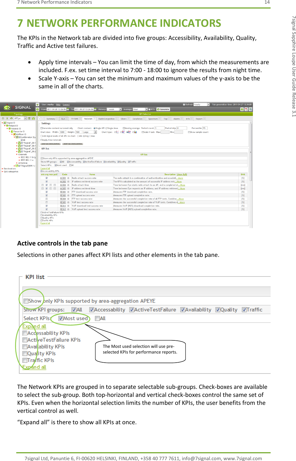 7 Network Performance Indicators  14 7signal Ltd, Panuntie 6, FI-00620 HELSINKI, FINLAND, +358 40 777 7611, info@7signal.com, www.7signal.com 7signal Sapphire Loupe User Guide Release 3.1 7 NETWORK PERFORMANCE INDICATORS The KPIs in the Network tab are divided into five groups: Accessibility, Availability, Quality, Traffic and Active test failures.   Apply time intervals – You can limit the time of day, from which the measurements are included. F.ex. set time interval to 7:00 - 18:00 to ignore the results from night time.  Scale Y-axis – You can set the minimum and maximum values of the y-axis to be the same in all of the charts.   Active controls in the tab pane Selections in other panes affect KPI lists and other elements in the tab pane.     The Network KPIs are grouped in to separate selectable sub-groups. Check-boxes are available to select the sub-group. Both top-horizontal and vertical check-boxes control the same set of KPIs. Even when the horizontal selection limits the number of KPIs, the user benefits from the vertical control as well. “Expand all” is there to show all KPIs at once. The Most used selection will use pre-selected KPIs for performance reports. 