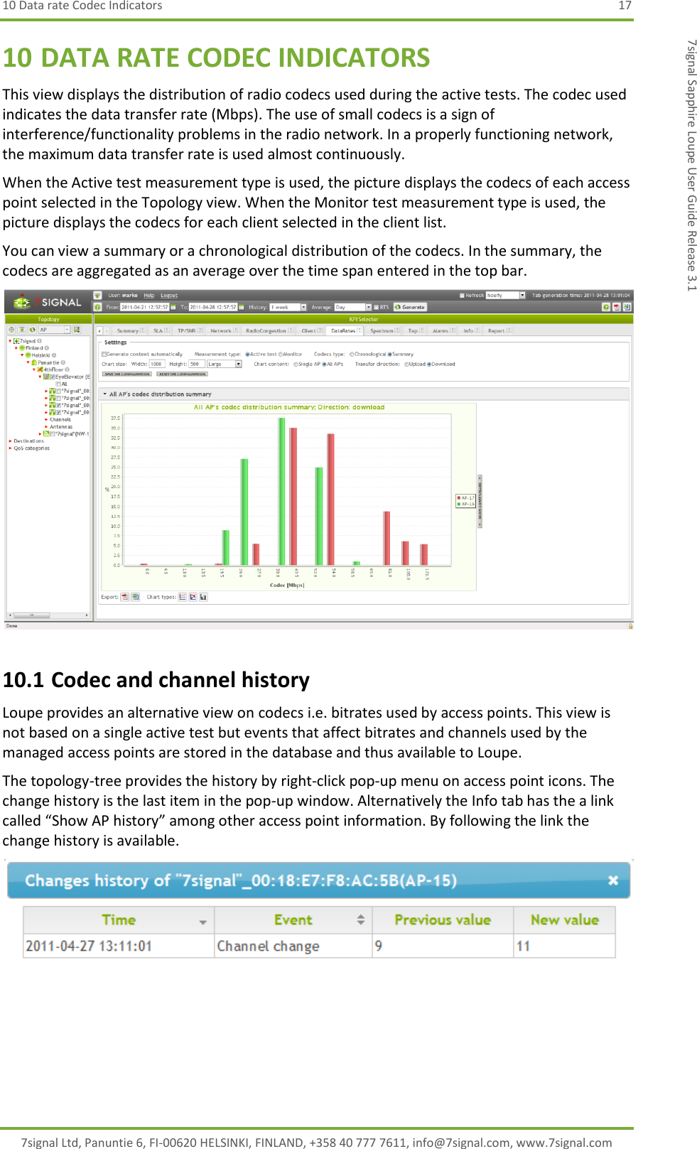 10 Data rate Codec Indicators  17 7signal Ltd, Panuntie 6, FI-00620 HELSINKI, FINLAND, +358 40 777 7611, info@7signal.com, www.7signal.com 7signal Sapphire Loupe User Guide Release 3.1 10 DATA RATE CODEC INDICATORS This view displays the distribution of radio codecs used during the active tests. The codec used indicates the data transfer rate (Mbps). The use of small codecs is a sign of interference/functionality problems in the radio network. In a properly functioning network, the maximum data transfer rate is used almost continuously. When the Active test measurement type is used, the picture displays the codecs of each access point selected in the Topology view. When the Monitor test measurement type is used, the picture displays the codecs for each client selected in the client list. You can view a summary or a chronological distribution of the codecs. In the summary, the codecs are aggregated as an average over the time span entered in the top bar.  10.1 Codec and channel history Loupe provides an alternative view on codecs i.e. bitrates used by access points. This view is not based on a single active test but events that affect bitrates and channels used by the managed access points are stored in the database and thus available to Loupe. The topology-tree provides the history by right-click pop-up menu on access point icons. The change history is the last item in the pop-up window. Alternatively the Info tab has the a link called “Show AP history” among other access point information. By following the link the change history is available.  