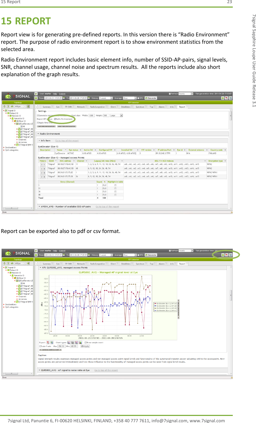 15 Report  23 7signal Ltd, Panuntie 6, FI-00620 HELSINKI, FINLAND, +358 40 777 7611, info@7signal.com, www.7signal.com 7signal Sapphire Loupe User Guide Release 3.1 15 REPORT Report view is for generating pre-defined reports. In this version there is “Radio Environment” report. The purpose of radio environment report is to show environment statistics from the selected area. Radio Environment report includes basic element info, number of SSID-AP-pairs, signal levels, SNR, channel usage, channel noise and spectrum results.  All the reports include also short explanation of the graph results.    Report can be exported also to pdf or csv format.   