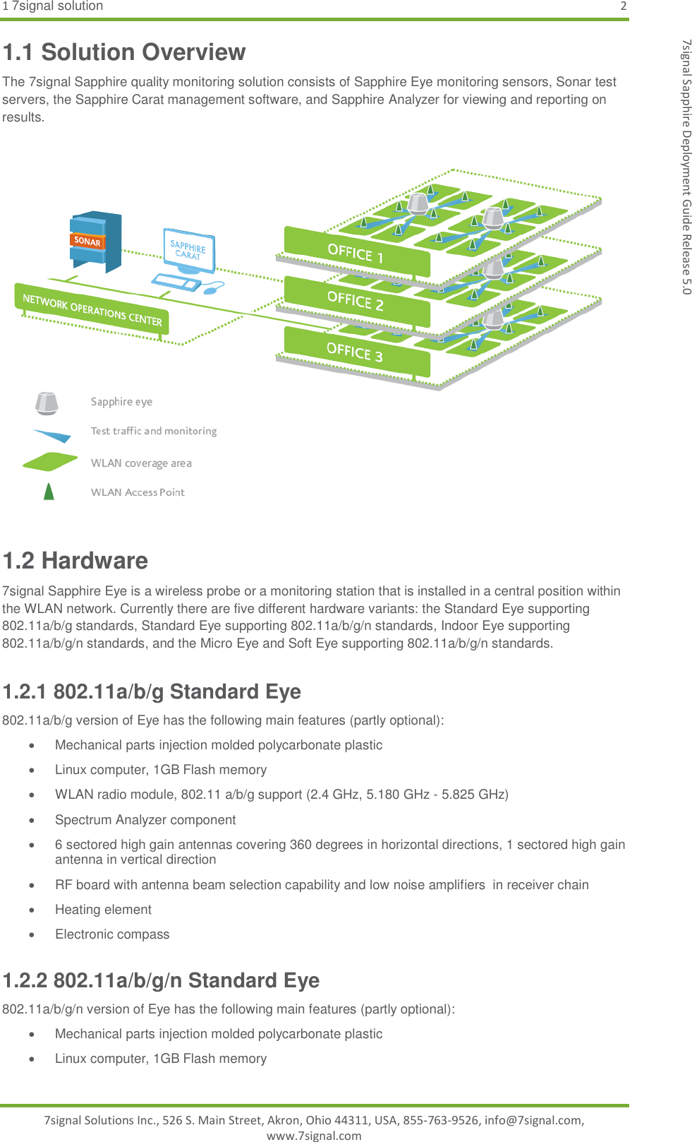 1 7signal solution  2 7signal Solutions Inc., 526 S. Main Street, Akron, Ohio 44311, USA, 855-763-9526, info@7signal.com, www.7signal.com 7signal Sapphire Deployment Guide Release 5.0 1.1 Solution Overview The 7signal Sapphire quality monitoring solution consists of Sapphire Eye monitoring sensors, Sonar test servers, the Sapphire Carat management software, and Sapphire Analyzer for viewing and reporting on results.  1.2 Hardware 7signal Sapphire Eye is a wireless probe or a monitoring station that is installed in a central position within the WLAN network. Currently there are five different hardware variants: the Standard Eye supporting 802.11a/b/g standards, Standard Eye supporting 802.11a/b/g/n standards, Indoor Eye supporting 802.11a/b/g/n standards, and the Micro Eye and Soft Eye supporting 802.11a/b/g/n standards. 1.2.1 802.11a/b/g Standard Eye 802.11a/b/g version of Eye has the following main features (partly optional):   Mechanical parts injection molded polycarbonate plastic   Linux computer, 1GB Flash memory   WLAN radio module, 802.11 a/b/g support (2.4 GHz, 5.180 GHz - 5.825 GHz)   Spectrum Analyzer component   6 sectored high gain antennas covering 360 degrees in horizontal directions, 1 sectored high gain antenna in vertical direction   RF board with antenna beam selection capability and low noise amplifiers  in receiver chain   Heating element   Electronic compass 1.2.2 802.11a/b/g/n Standard Eye 802.11a/b/g/n version of Eye has the following main features (partly optional):   Mechanical parts injection molded polycarbonate plastic   Linux computer, 1GB Flash memory 