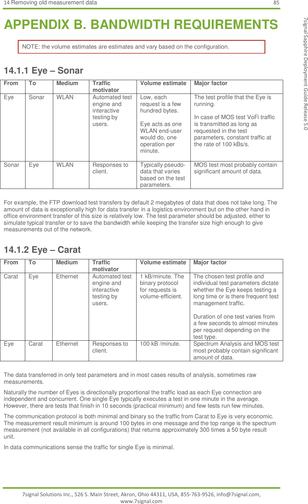 14 Removing old measurement data 85 7signal Solutions Inc., 526 S. Main Street, Akron, Ohio 44311, USA, 855-763-9526, info@7signal.com, www.7signal.com 7signal Sapphire Deployment Guide Release 5.0 APPENDIX B. BANDWIDTH REQUIREMENTS NOTE: the volume estimates are estimates and vary based on the configuration. 14.1.1 Eye – Sonar From To Medium Traffic motivator Volume estimate Major factor Eye Sonar WLAN Automated test engine and interactive testing by users. Low, each request is a few hundred bytes.  Eye acts as one WLAN end-user would do, one operation per minute.  The test profile that the Eye is running.  In case of MOS test VoFi traffic is transmitted as long as requested in the test parameters, constant traffic at the rate of 100 kBs/s.  Sonar Eye WLAN Responses to client. Typically pseudo-data that varies based on the test parameters.  MOS test most probably contain significant amount of data.  For example, the FTP download test transfers by default 2 megabytes of data that does not take long. The amount of data is exceptionally high for data transfer in a logistics environment but on the other hand in office environment transfer of this size is relatively low. The test parameter should be adjusted, either to simulate typical transfer or to save the bandwidth while keeping the transfer size high enough to give measurements out of the network. 14.1.2 Eye – Carat From To Medium Traffic motivator Volume estimate Major factor Carat Eye Ethernet Automated test engine and interactive testing by users. 1 kB/minute. The binary protocol for requests is volume-efficient. The chosen test profile and individual test parameters dictate whether the Eye keeps testing a long time or is there frequent test management traffic.  Duration of one test varies from a few seconds to almost minutes per request depending on the test type. Eye Carat Ethernet Responses to client. 100 kB /minute. Spectrum Analysis and MOS test most probably contain significant amount of data.  The data transferred in only test parameters and in most cases results of analysis, sometimes raw measurements. Naturally the number of Eyes is directionally proportional the traffic load as each Eye connection are independent and concurrent. One single Eye typically executes a test in one minute in the average. However, there are tests that finish in 10 seconds (practical minimum) and few tests run few minutes. The communication protocol is both minimal and binary so the traffic from Carat to Eye is very economic. The measurement result minimum is around 100 bytes in one message and the top range is the spectrum measurement (not available in all configurations) that returns approximately 300 times a 50 byte result unit. In data communications sense the traffic for single Eye is minimal.  