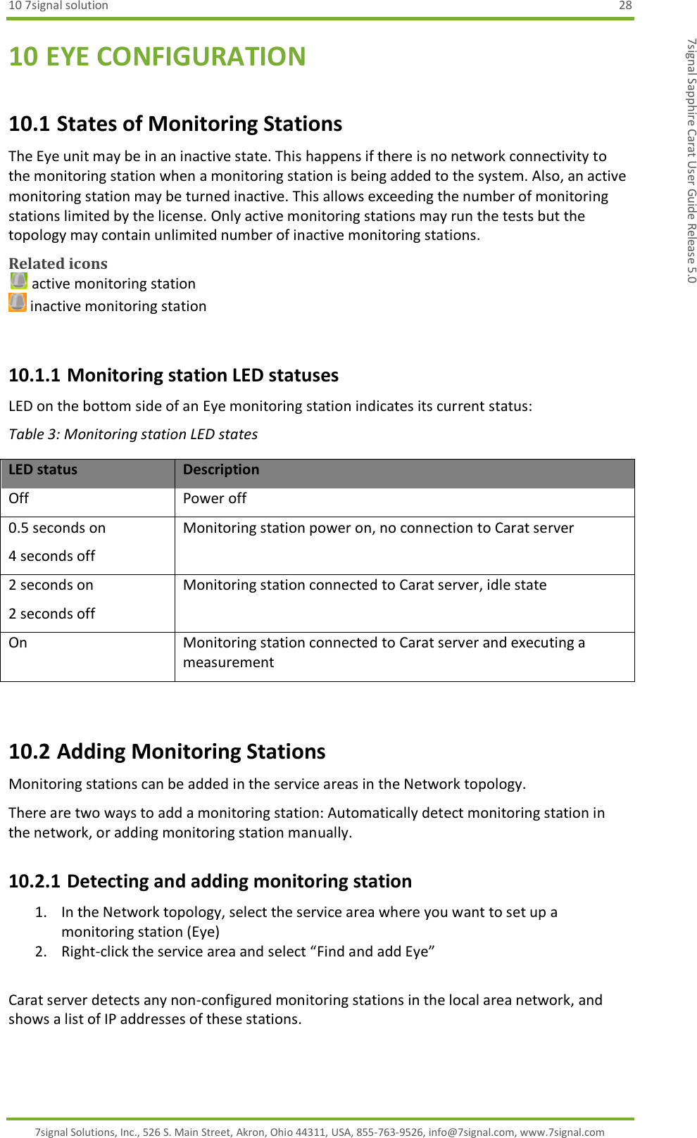 10 7signal solution  28 7signal Solutions, Inc., 526 S. Main Street, Akron, Ohio 44311, USA, 855-763-9526, info@7signal.com, www.7signal.com 7signal Sapphire Carat User Guide Release 5.0 10 EYE CONFIGURATION 10.1 States of Monitoring Stations The Eye unit may be in an inactive state. This happens if there is no network connectivity to the monitoring station when a monitoring station is being added to the system. Also, an active monitoring station may be turned inactive. This allows exceeding the number of monitoring stations limited by the license. Only active monitoring stations may run the tests but the topology may contain unlimited number of inactive monitoring stations. Related icons  active monitoring station  inactive monitoring station  10.1.1 Monitoring station LED statuses LED on the bottom side of an Eye monitoring station indicates its current status: Table 3: Monitoring station LED states LED status Description Off Power off 0.5 seconds on 4 seconds off Monitoring station power on, no connection to Carat server 2 seconds on 2 seconds off Monitoring station connected to Carat server, idle state On Monitoring station connected to Carat server and executing a measurement  10.2 Adding Monitoring Stations Monitoring stations can be added in the service areas in the Network topology. There are two ways to add a monitoring station: Automatically detect monitoring station in the network, or adding monitoring station manually. 10.2.1 Detecting and adding monitoring station 1. In the Network topology, select the service area where you want to set up a monitoring station (Eye) 2. Right-click the service area and select “Find and add Eye”  Carat server detects any non-configured monitoring stations in the local area network, and shows a list of IP addresses of these stations. 