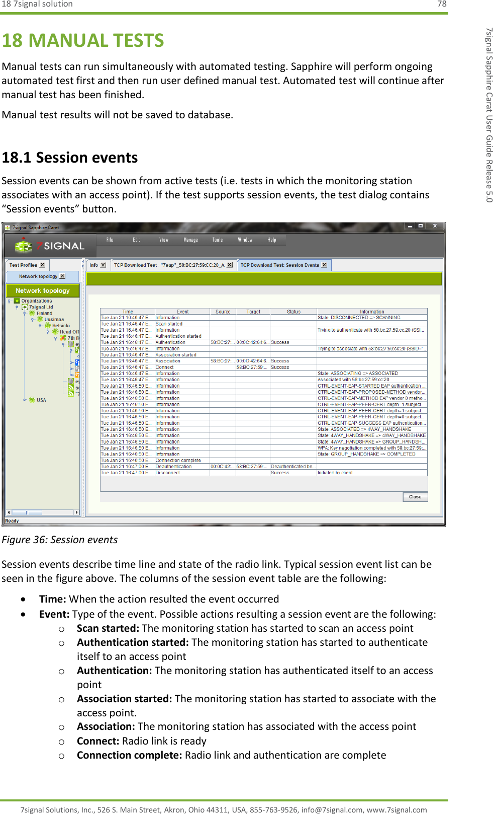 18 7signal solution  78 7signal Solutions, Inc., 526 S. Main Street, Akron, Ohio 44311, USA, 855-763-9526, info@7signal.com, www.7signal.com 7signal Sapphire Carat User Guide Release 5.0 18 MANUAL TESTS Manual tests can run simultaneously with automated testing. Sapphire will perform ongoing automated test first and then run user defined manual test. Automated test will continue after manual test has been finished.   Manual test results will not be saved to database. 18.1 Session events Session events can be shown from active tests (i.e. tests in which the monitoring station associates with an access point). If the test supports session events, the test dialog contains “Session events” button.  Figure 36: Session events Session events describe time line and state of the radio link. Typical session event list can be seen in the figure above. The columns of the session event table are the following:  Time: When the action resulted the event occurred  Event: Type of the event. Possible actions resulting a session event are the following: o Scan started: The monitoring station has started to scan an access point o Authentication started: The monitoring station has started to authenticate itself to an access point o Authentication: The monitoring station has authenticated itself to an access point o Association started: The monitoring station has started to associate with the access point. o Association: The monitoring station has associated with the access point o Connect: Radio link is ready o Connection complete: Radio link and authentication are complete 