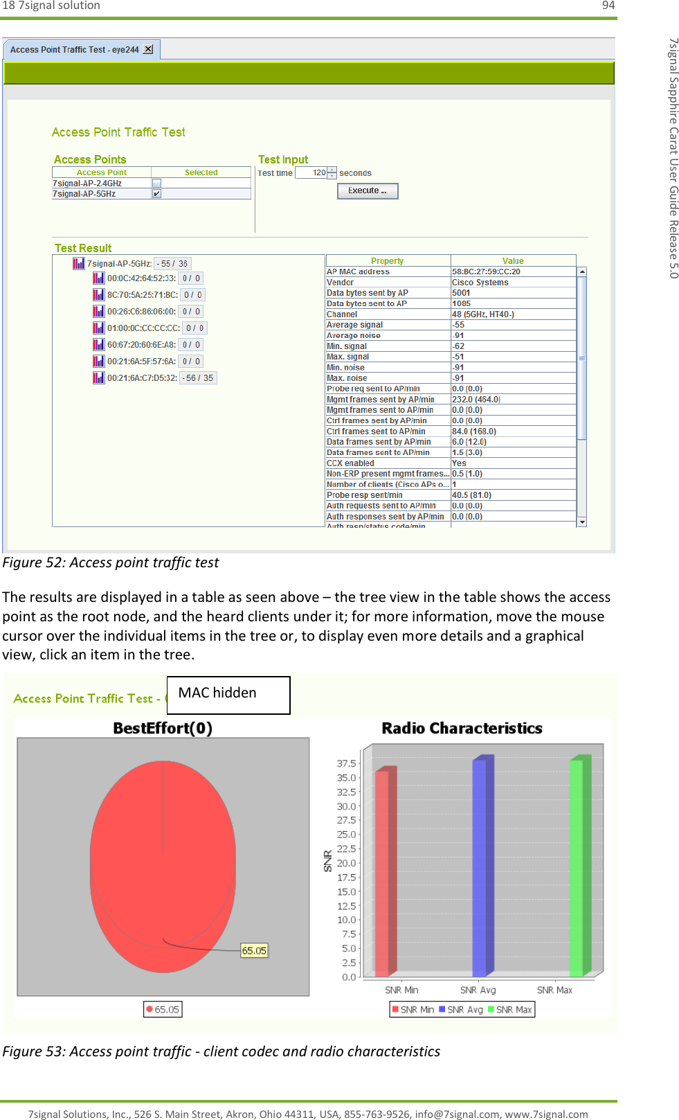 18 7signal solution  94 7signal Solutions, Inc., 526 S. Main Street, Akron, Ohio 44311, USA, 855-763-9526, info@7signal.com, www.7signal.com 7signal Sapphire Carat User Guide Release 5.0  Figure 52: Access point traffic test The results are displayed in a table as seen above – the tree view in the table shows the access point as the root node, and the heard clients under it; for more information, move the mouse cursor over the individual items in the tree or, to display even more details and a graphical view, click an item in the tree.  Figure 53: Access point traffic - client codec and radio characteristics MAC hidden  