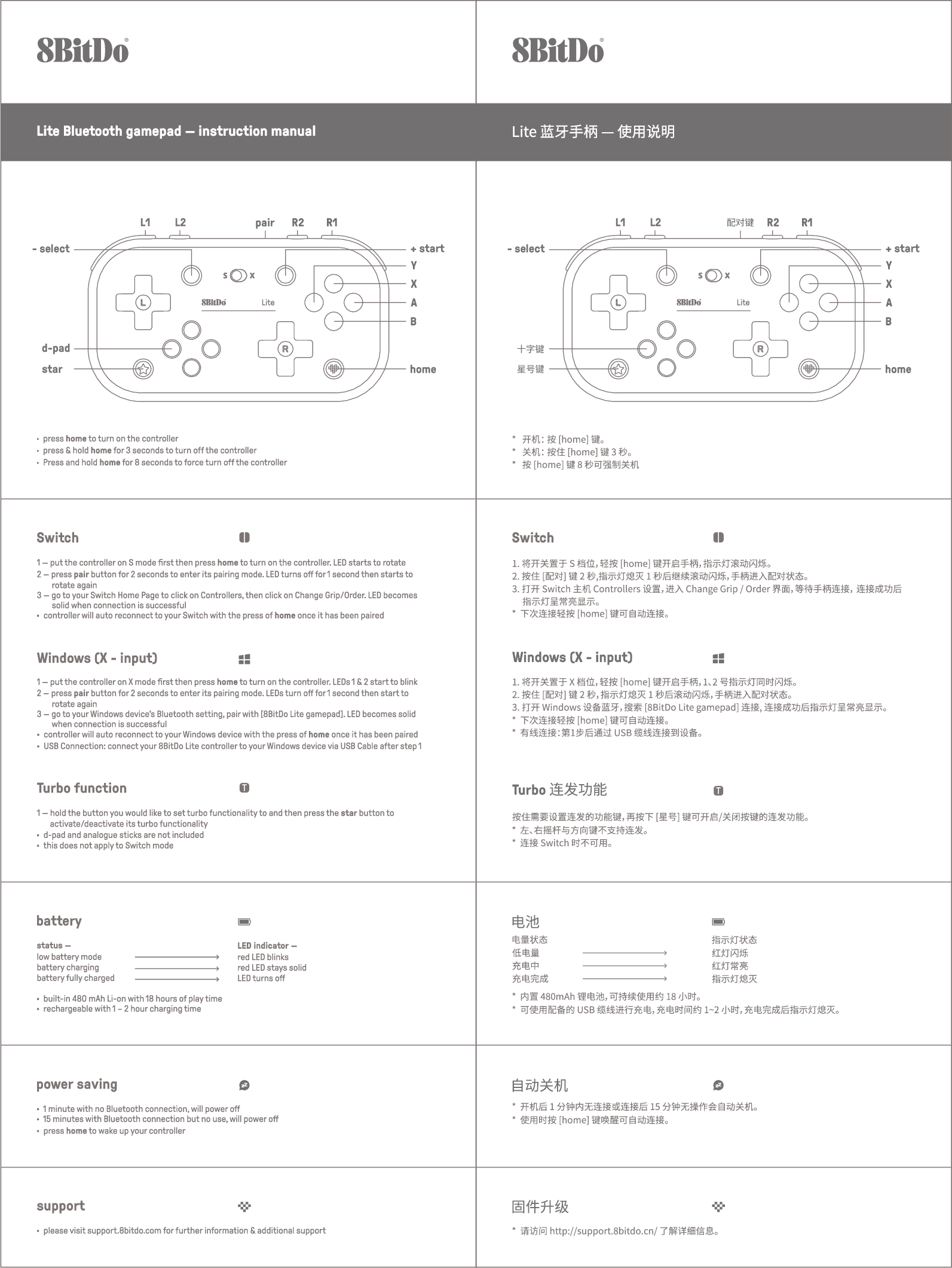 8bitdo Tech Lite 8bitdo Sn30 Pro Bluetooth Gamepad User Manual