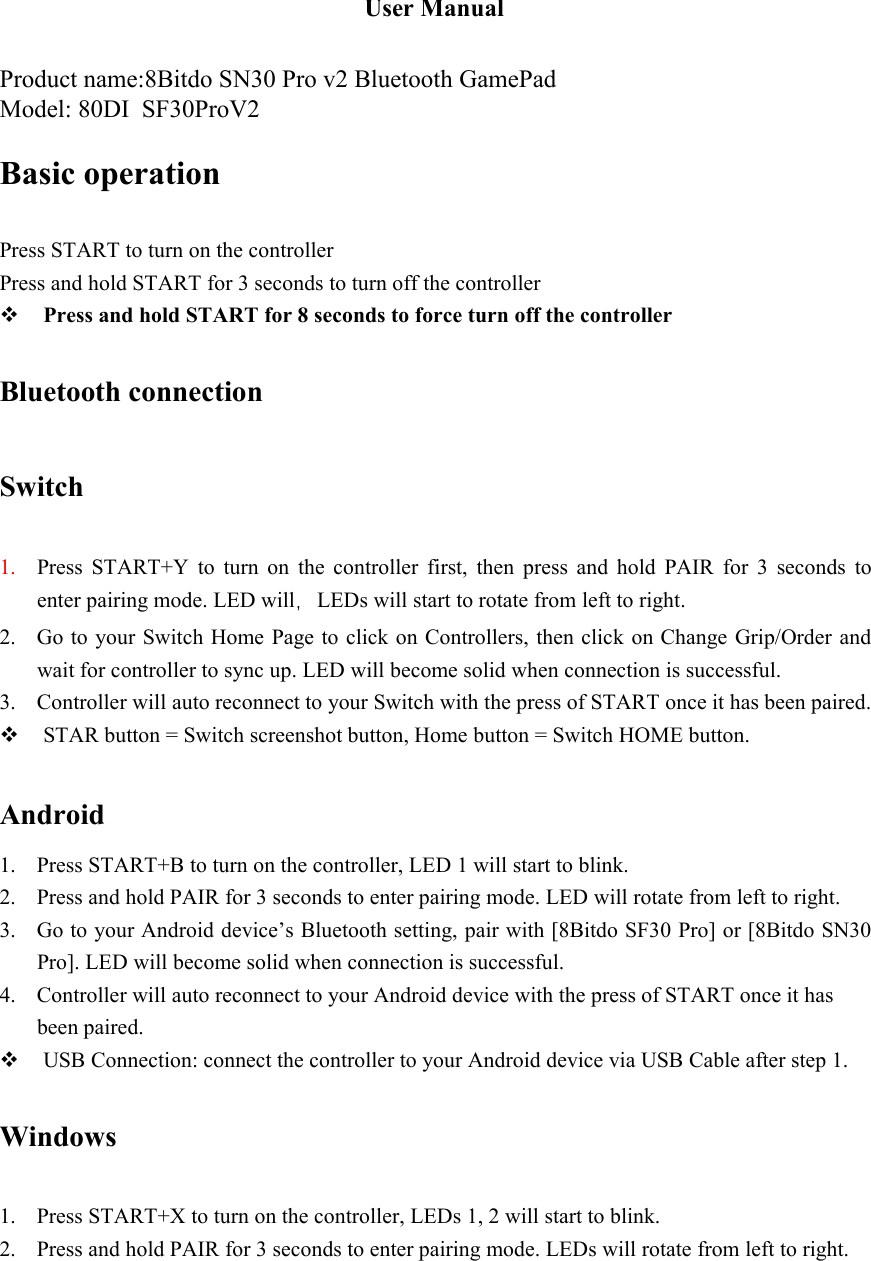 Page 1 of 8BITDO TECH SNFPROV2 8Bitdo SF30 Pro v2 Bluetooth GamePad User Manual