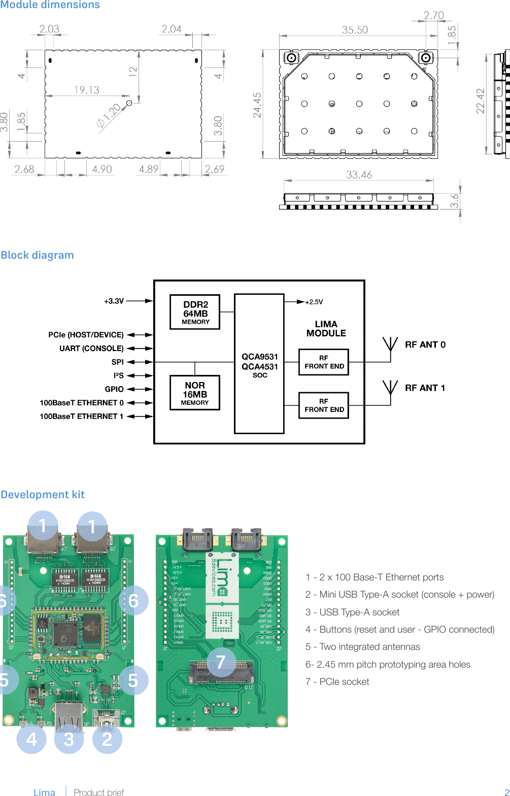 2              Lima Product briefBlock diagramDevelopment kitModule dimensions 11234556 671 - 2 x 100 Base-T Ethernet ports2 - Mini USB Type-A socket (console + power)3 - USB Type-A socket4 - Buttons (reset and user - GPIO connected)5 - Two integrated antennas6- 2.45 mm pitch prototyping area holes7 - PCIe socket