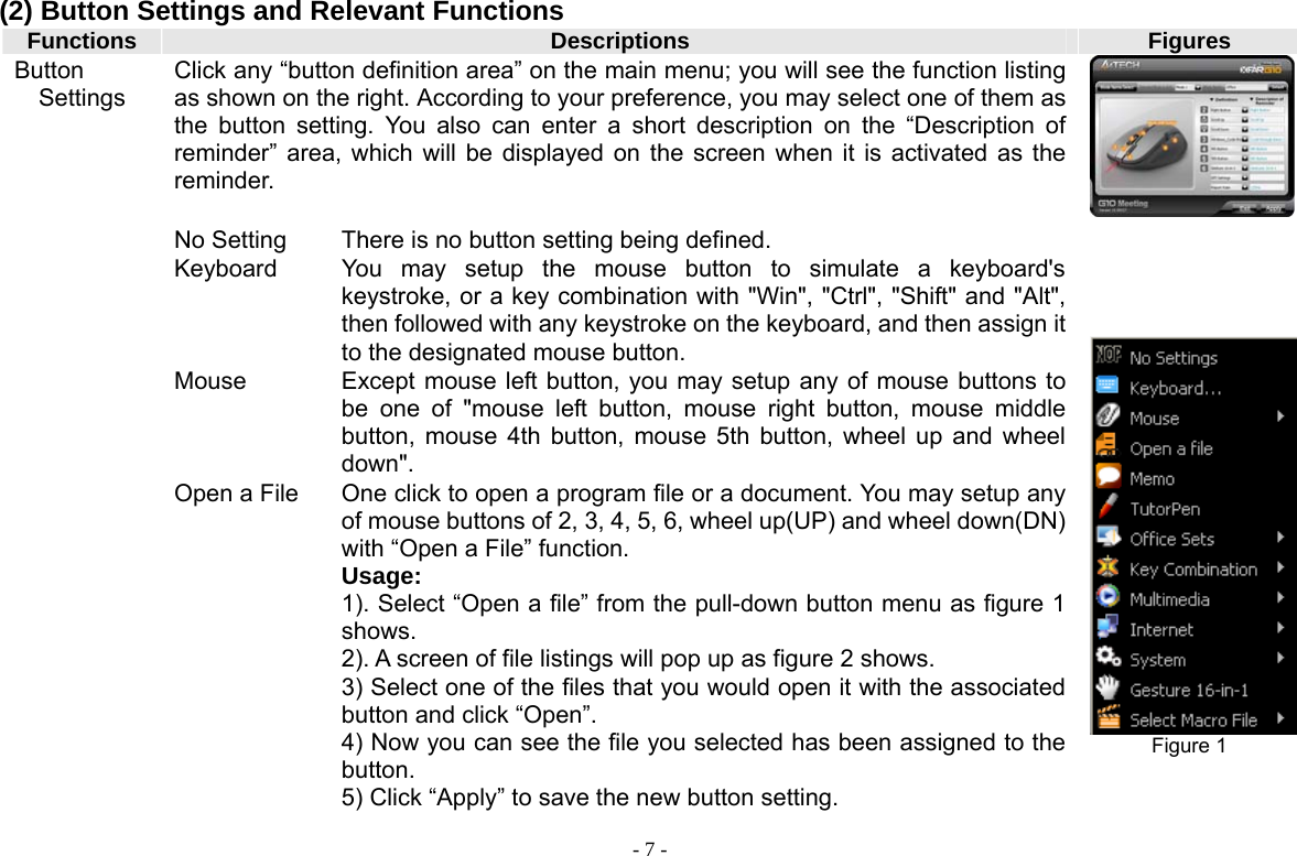  - 7 -(2) Button Settings and Relevant Functions Functions Descriptions Figures Button   Settings Click any “button definition area” on the main menu; you will see the function listing as shown on the right. According to your preference, you may select one of them as the button setting. You also can enter a short description on the “Description of reminder” area, which will be displayed on the screen when it is activated as the reminder.  No Setting There is no button setting being defined.      Figure 1   Keyboard  You may setup the mouse button to simulate a keyboard&apos;s keystroke, or a key combination with &quot;Win&quot;, &quot;Ctrl&quot;, &quot;Shift&quot; and &quot;Alt&quot;, then followed with any keystroke on the keyboard, and then assign it to the designated mouse button.Mouse  Except mouse left button, you may setup any of mouse buttons to be one of &quot;mouse left button, mouse right button, mouse middle button, mouse 4th button, mouse 5th button, wheel up and wheel down&quot;. Open a File            One click to open a program file or a document. You may setup any of mouse buttons of 2, 3, 4, 5, 6, wheel up(UP) and wheel down(DN) with “Open a File” function. Usage:  1). Select “Open a file” from the pull-down button menu as figure 1 shows.  2). A screen of file listings will pop up as figure 2 shows.   3) Select one of the files that you would open it with the associated button and click “Open”. 4) Now you can see the file you selected has been assigned to the button. 5) Click “Apply” to save the new button setting. 