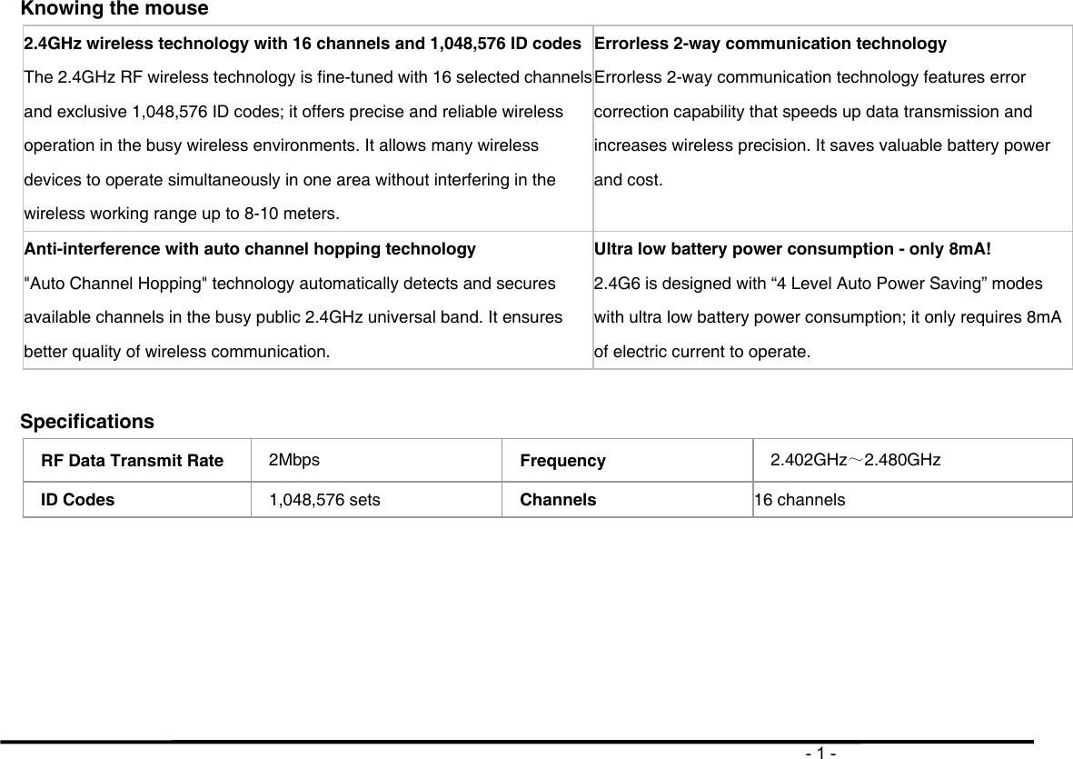                                                                                       - 1 - Knowing the mouse 2.4GHz wireless technology with 16 channels and 1,048,576 ID codes The 2.4GHz RF wireless technology is fine-tuned with 16 selected channels and exclusive 1,048,576 ID codes; it offers precise and reliable wireless operation in the busy wireless environments. It allows many wireless devices to operate simultaneously in one area without interfering in the wireless working range up to 8-10 meters. Errorless 2-way communication technology Errorless 2-way communication technology features error correction capability that speeds up data transmission and increases wireless precision. It saves valuable battery power and cost.     Anti-interference with auto channel hopping technology &quot;Auto Channel Hopping&quot; technology automatically detects and secures available channels in the busy public 2.4GHz universal band. It ensures better quality of wireless communication.       Ultra low battery power consumption - only 8mA! 2.4G6 is designed with “4 Level Auto Power Saving” modes with ultra low battery power consumption; it only requires 8mA of electric current to operate.  Specifications RF Data Transmit Rate  2Mbps  Frequency  2.402GHz～2.480GHz ID Codes  1,048,576 sets  Channels  16 channels       