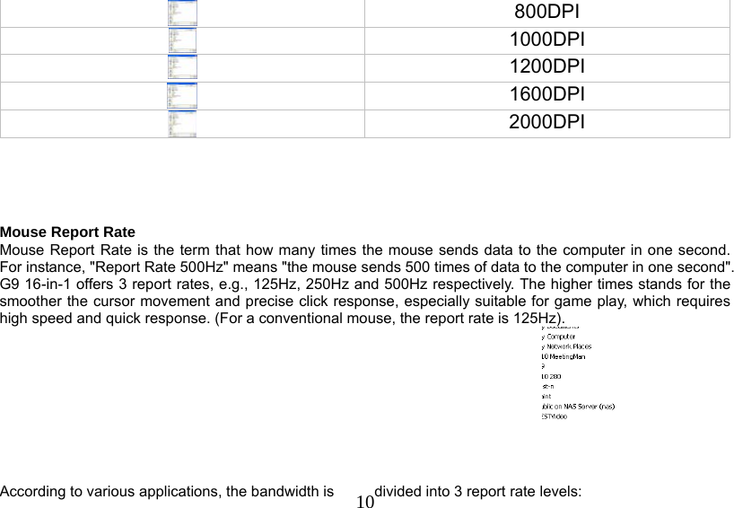   10 800DPI  1000DPI  1200DPI  1600DPI  2000DPI      Mouse Report Rate Mouse Report Rate is the term that how many times the mouse sends data to the computer in one second. For instance, &quot;Report Rate 500Hz&quot; means &quot;the mouse sends 500 times of data to the computer in one second&quot;. G9 16-in-1 offers 3 report rates, e.g., 125Hz, 250Hz and 500Hz respectively. The higher times stands for the smoother the cursor movement and precise click response, especially suitable for game play, which requires high speed and quick response. (For a conventional mouse, the report rate is 125Hz).   According to various applications, the bandwidth is  divided into 3 report rate levels:  