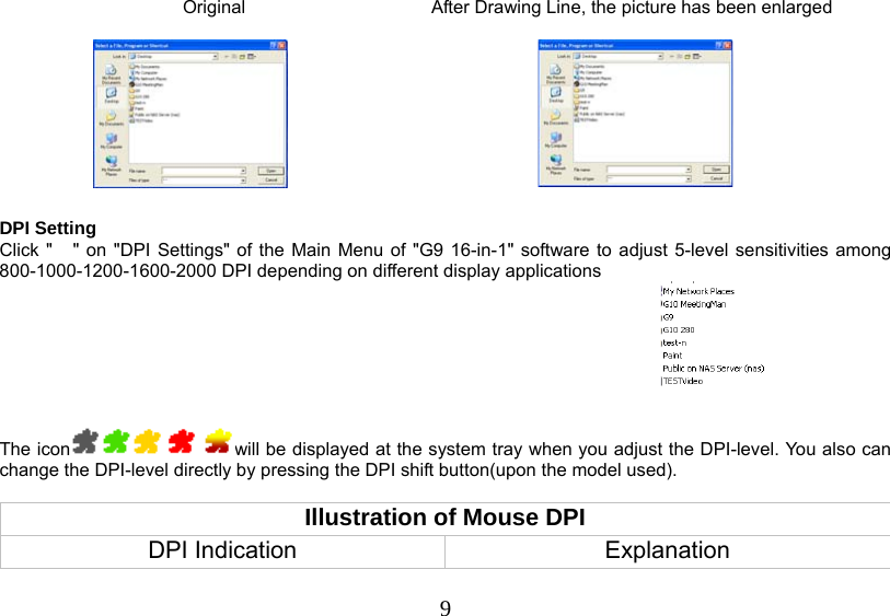   9Original   After Drawing Line, the picture has been enlarged      DPI Setting Click &quot; &quot; on &quot;DPI Settings&quot; of the Main Menu of &quot;G9 16-in-1&quot; software to adjust 5-level sensitivities among 800-1000-1200-1600-2000 DPI depending on different display applications  The icon will be displayed at the system tray when you adjust the DPI-level. You also can change the DPI-level directly by pressing the DPI shift button(upon the model used).   Illustration of Mouse DPI DPI Indication  Explanation 