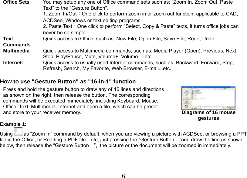  6Office Sets  You may setup any one of Office command sets such as: “Zoom In, Zoom Out, Paste Text” to the &quot;Gesture Button&quot;. 1. Zoom In/Out：One click to perform zoom in or zoom out function, applicable to CAD, ACDSee, Windows or text editing programs. 2. Paste Text：One click to perform “Select, Copy &amp; Paste” texts, it turns office jobs can never be so simple. Text Commands Quick access to Office, such as: New File, Open File, Save File, Redo, Undo. Multimedia  Quick access to Multimedia commands, such as: Media Player (Open), Previous, Next, Stop, Play/Pause, Mute, Volume+, Volume-…etc. Internet:  Quick access to usually used Internet commands, such as: Backward, Forward, Stop, Refresh, Search, My Favorite, Web Browser, E-mail...etc.  How to use &quot;Gesture Button&quot; as &quot;16-in-1&quot; function Example 1:  Using   as “Zoom In” command by default, when you are viewing a picture with ACDSee, or browsing a PPT file in the Office, or Reading a PDF file…etc, just pressing the “Gesture Button ”and draw the line as shown below, then release the “Gesture Button ”,  the picture or the document will be zoomed in immediately.  Press and hold the gesture button to draw any of 16 lines and directions as shown on the right, then release the button. The corresponding commands will be executed immediately, including Keyboard, Mouse, Office, Text, Multimedia, Internet and open a file, which can be preset and store to your receiver memory.  Diagrams of 16 mouse gestures 