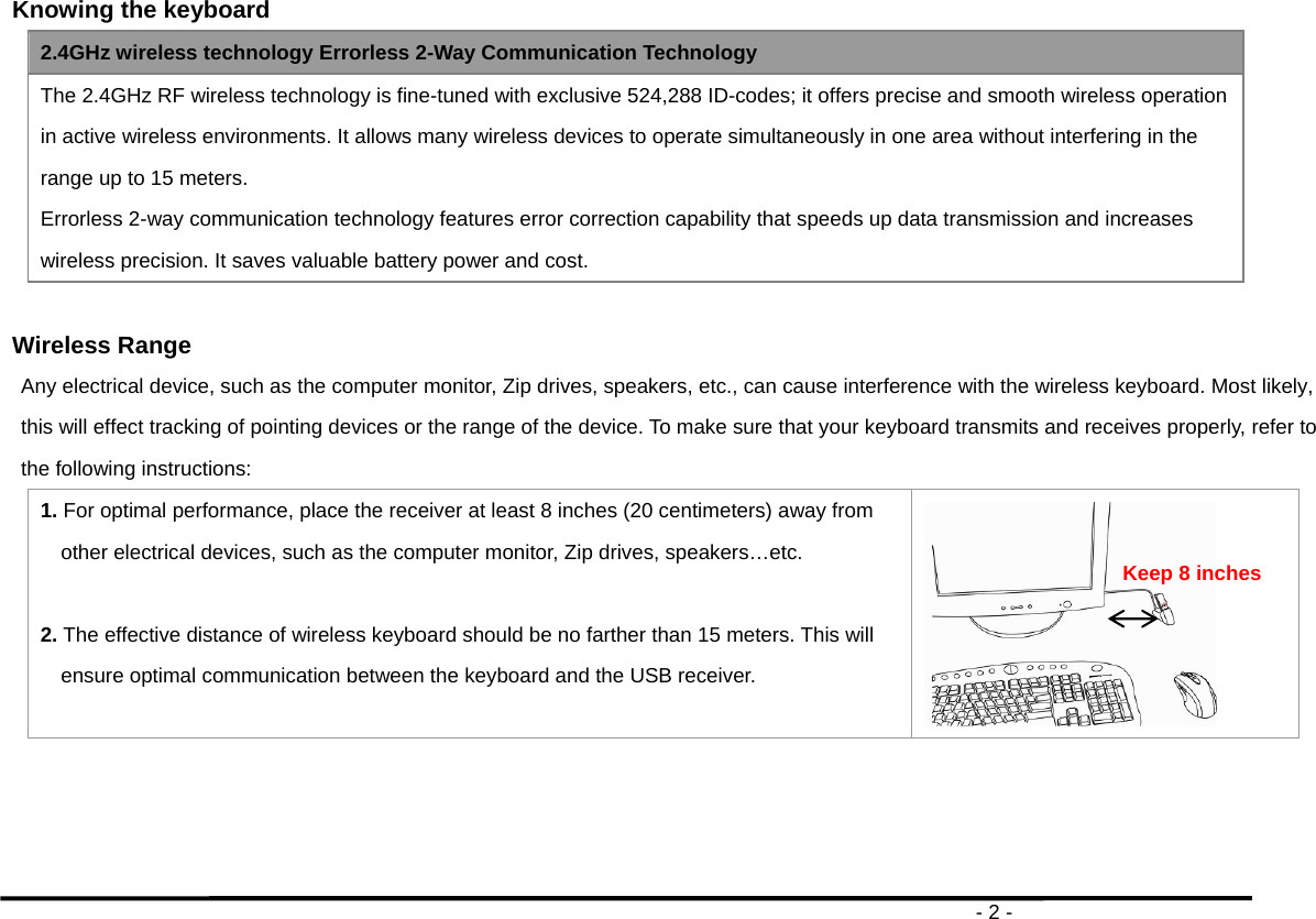                                                                                       - 2 - Knowing the keyboard 2.4GHz wireless technology Errorless 2-Way Communication Technology The 2.4GHz RF wireless technology is fine-tuned with exclusive 524,288 ID-codes; it offers precise and smooth wireless operation in active wireless environments. It allows many wireless devices to operate simultaneously in one area without interfering in the range up to 15 meters. Errorless 2-way communication technology features error correction capability that speeds up data transmission and increases wireless precision. It saves valuable battery power and cost.      Wireless Range Any electrical device, such as the computer monitor, Zip drives, speakers, etc., can cause interference with the wireless keyboard. Most likely, this will effect tracking of pointing devices or the range of the device. To make sure that your keyboard transmits and receives properly, refer to the following instructions: 1. For optimal performance, place the receiver at least 8 inches (20 centimeters) away from other electrical devices, such as the computer monitor, Zip drives, speakers…etc.  2. The effective distance of wireless keyboard should be no farther than 15 meters. This will ensure optimal communication between the keyboard and the USB receiver.   Keep 8 inches 