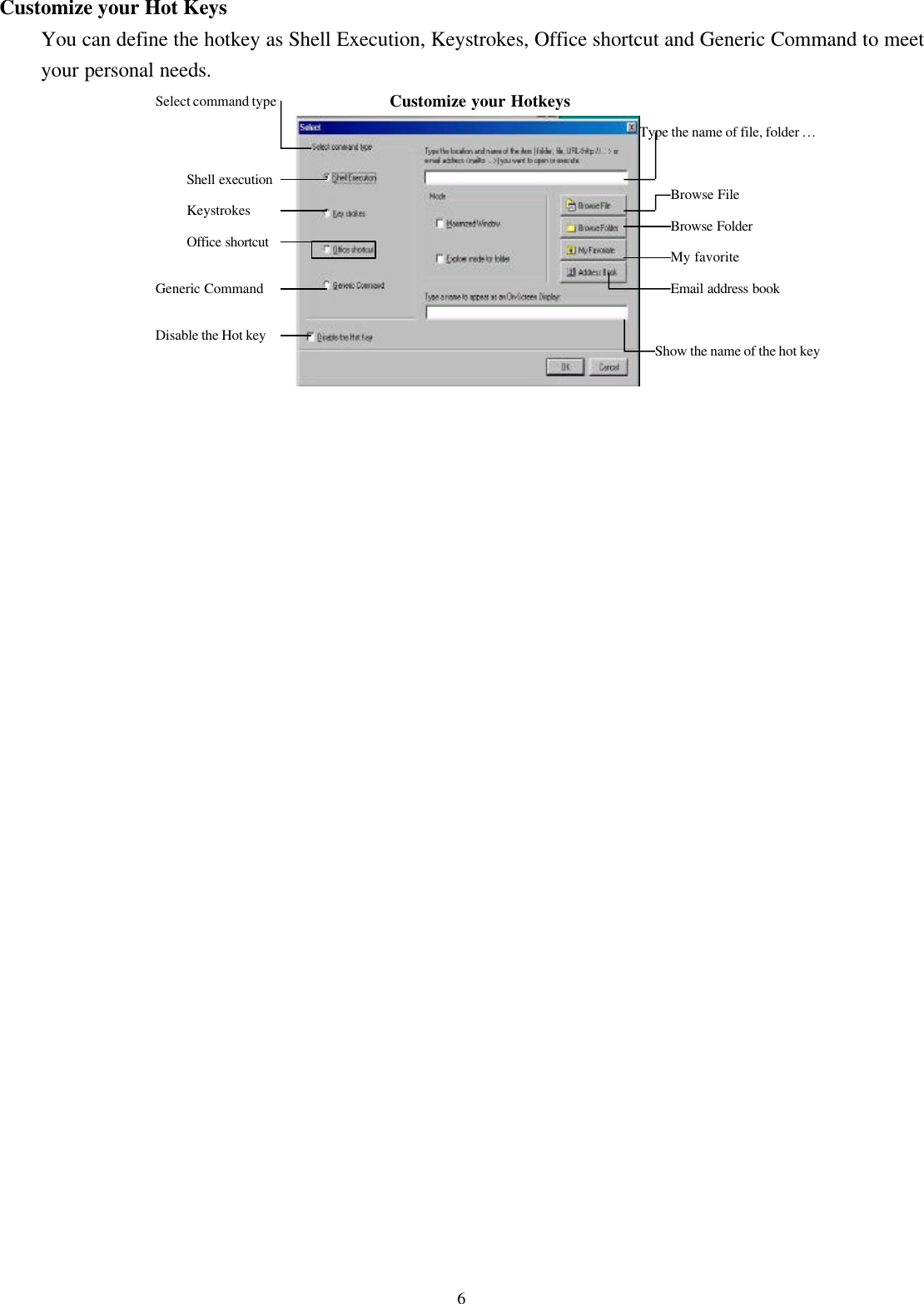 6Customize your Hot KeysYou can define the hotkey as Shell Execution, Keystrokes, Office shortcut and Generic Command to meetyour personal needs.Customize your HotkeysKeystrokesGeneric CommandDisable the Hot key Show the name of the hot keyEmail address bookType the name of file, folder …Browse FileBrowse FolderMy favoriteSelect command typeShell executionOffice shortcut