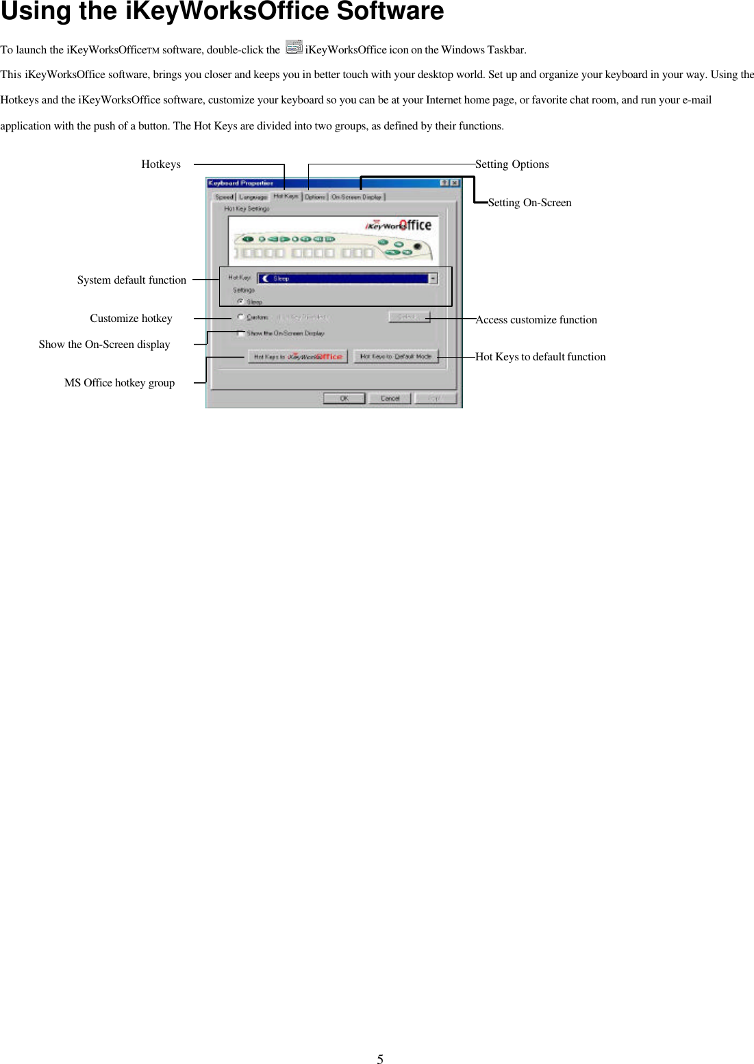5Using the iKeyWorksOffice SoftwareTo launch the iKeyWorksOfficeTM software, double-click the   iKeyWorksOffice icon on the Windows Taskbar.This iKeyWorksOffice software, brings you closer and keeps you in better touch with your desktop world. Set up and organize your keyboard in your way. Using theHotkeys and the iKeyWorksOffice software, customize your keyboard so you can be at your Internet home page, or favorite chat room, and run your e-mailapplication with the push of a button. The Hot Keys are divided into two groups, as defined by their functions.Access customize functionHotkeys Setting OptionsSetting On-ScreenHot Keys to default functionShow the On-Screen displayCustomize hotkeySystem default functionMS Office hotkey group