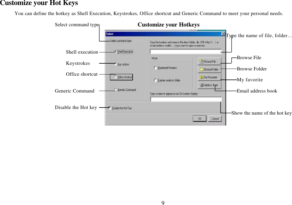  9Customize your Hot Keys You can define the hotkey as Shell Execution, Keystrokes, Office shortcut and Generic Command to meet your personal needs.             Customize your Hotkeys  Keystrokes Generic Command Disable the Hot key Show the name of the hot keyEmail address book Type the name of file, folder…   Browse File Browse Folder My favorite Select command typeShell execution Office shortcut 