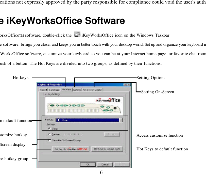 Changes or modifications not expressly approved by the party responsible for compliance could void the user&apos;s authority to operate 6Using the iKeyWorksOffice Software To launch the iKeyWorksOfficeTM software, double-click the   iKeyWorksOffice icon on the Windows Taskbar. This iKeyWorksOffice software, brings you closer and keeps you in better touch with your desktop world. Set up and organize your keyboard in your way. Using the Hotkeys and the iKeyWorksOffice software, customize your keyboard so you can be at your Internet home page, or favorite chat room, and application with the push of a button. The Hot Keys are divided into two groups, as defined by their functions. Access customize function Hotkeys Setting Options Setting On-Screen Hot Keys to default functionScreen display Customize hotkey System default functionMS Office hotkey group 