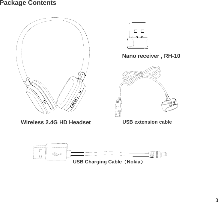  3  Package Contents                               USB Charging Cable（Nokia）  USB extension cable  Wireless 2.4G HD Headset Nano receiver , RH-10 