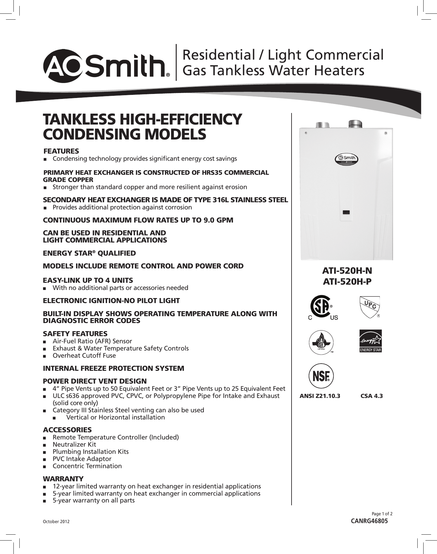 Page 1 of 2 - A-O-Smith A-O-Smith-Ati-540H-N-Technical-s-  A-o-smith-ati-540h-n-technical-s