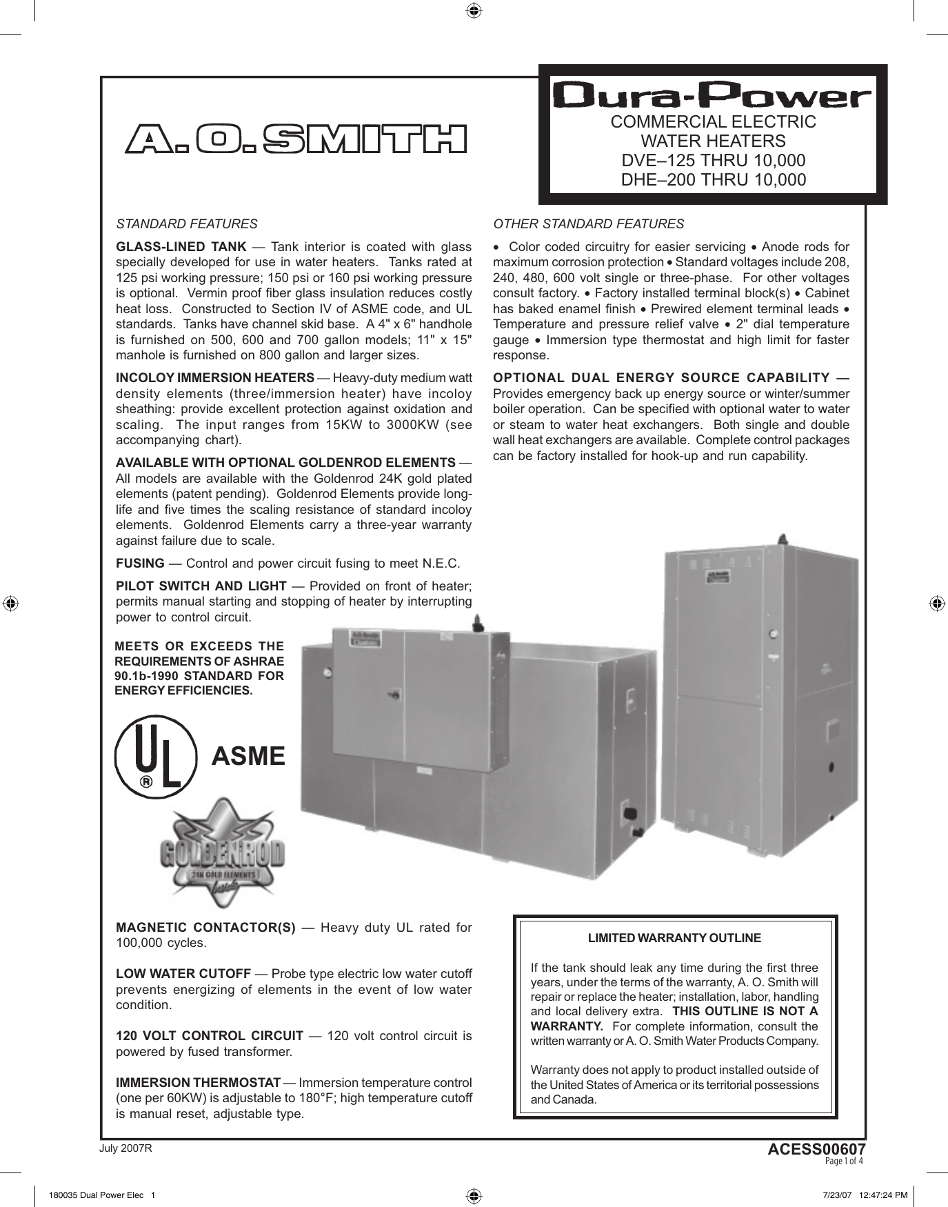 A O Smith Dve 125 Thru 10000 Dhe 200 Specifications 180035 Dual Power Elec
