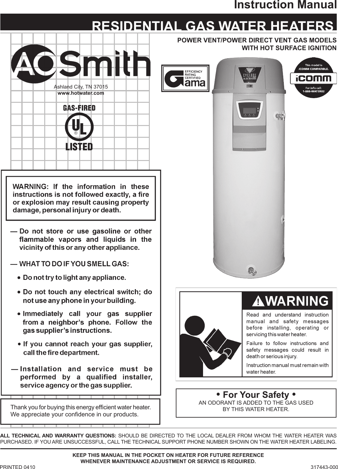 A O Smith Vertex 100 Power Vent Dv Series 120 Instruction Manual
