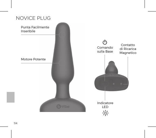 114NOVICE PLUGMotore PotentePunta Facilmente InseribileContattoĺJ|p&frac14;|pMagneticoComandosulla BaseIndicatoreLED