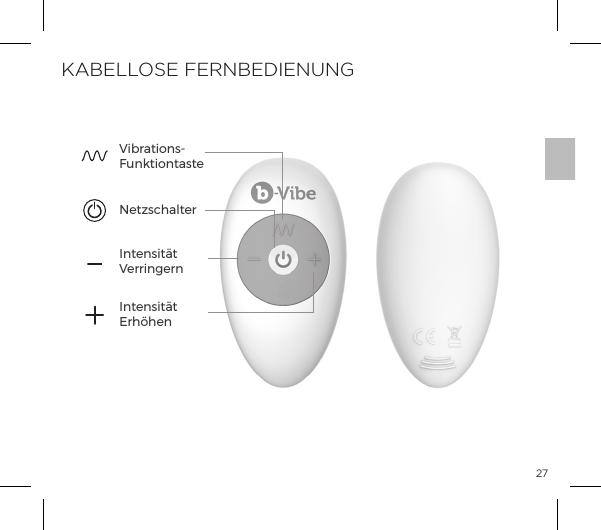 27Magnet-LadeanschlussKABELLOSE FERNBEDIENUNGIntensit&auml;t VerringernNetzschalterVibrations-FunktiontasteIntensit&auml;t Erh&ouml;hen