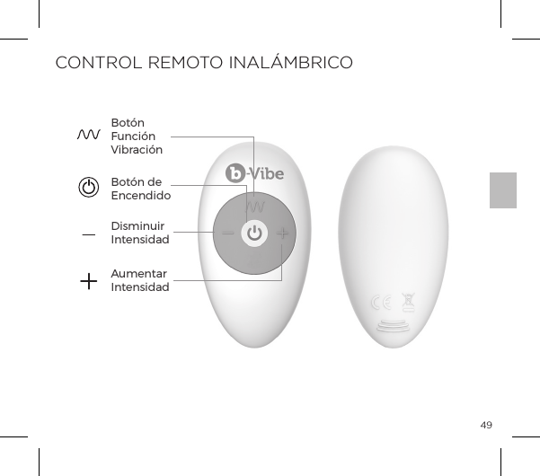 49CONTROL REMOTO INAL&Aacute;MBRICODisminuir IntensidadBot&oacute;n de EncendidoBot&oacute;n Funci&oacute;n Vibraci&oacute;nAumentar Intensidad