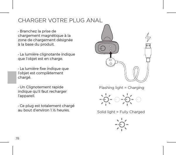 78CHARGER VOTRE PLUG ANALĖĺ&frac14;p&ordf;|&szlig;ĺ&pound;pĺ&sup1;&frac14;&Agrave;ĺĺchargement magn&eacute;tique &agrave; la zone de chargement d&eacute;sign&eacute;e &agrave; la base du produit.Ėĺ1pĺ&pound;&Ecirc;&copy;&frac14;ĺ|&pound;&ordf;&macr;&AElig;p&ordf;&AElig;ĺ&ordf;&raquo;&Ecirc;ĺque l&rsquo;objet est en charge.Ėĺ1pĺ&pound;&Ecirc;&copy;&frac14;ĺ&Ugrave;ĺ&ordf;&raquo;&Ecirc;ĺ&raquo;&Ecirc;ĺl&rsquo;objet est compl&egrave;tement charg&eacute;.ĖĺW&ordf;ĺ&pound;&ordf;&macr;&AElig;&copy;&ordf;&AElig;ĺ&frac14;p&sup1;ĺindique qu&rsquo;il faut recharger l&rsquo;appareil.Ėĺĺ&sup1;&pound;&Ecirc;ĺ&Agrave;&AElig;ĺ&AElig;&macr;&AElig;p&pound;&copy;&ordf;&AElig;ĺ|p&frac14;ĺau bout d&rsquo;environ 1 &frac12; heures.Flashing light = ChargingSolid light = Fully Charged