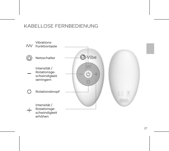 27Intensit&auml;t / Rotationsge-schwindigkeit verringernNetzschalterVibrations-FunktiontasteRotationsknopfIntensit&auml;t / Rotationsge-schwindigkeit erh&ouml;henKABELLOSE FERNBEDIENUNG
