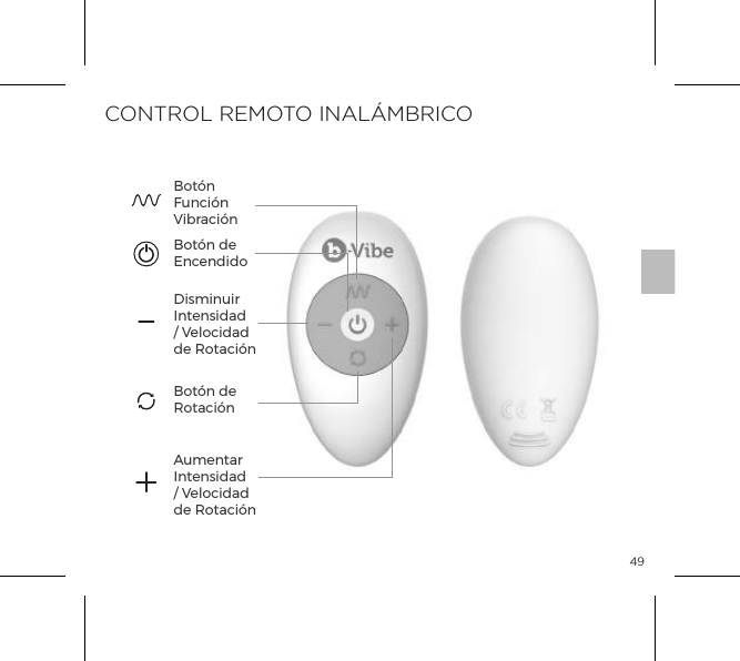 49Disminuir Intensidad / Velocidad de Rotaci&oacute;nBot&oacute;n de EncendidoBot&oacute;n Funci&oacute;n Vibraci&oacute;nBot&oacute;n de Rotaci&oacute;nAumentar Intensidad / Velocidad de Rotaci&oacute;nCONTROL REMOTO INAL&Aacute;MBRICO