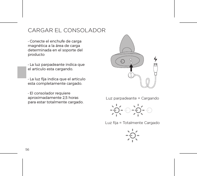 56CARGAR EL CONSOLADOR&bull; Conecte el enchufe de carga magn&eacute;tica a la &aacute;rea de carga determinada en el soporte del producto&bull; La luz parpadeante indica que el articulo esta cargando.&bull; La luz fija indica que el articulo esta completamente cargado.&bull; El consolador requiere aproximadamente 2,5 horas para estar totalmente cargado. Luz parpadeante = CargandoLuz ﬁja = Totalmente Cargado