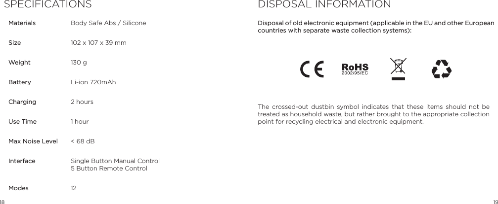 18 19MaterialsSizeWeightBatteryChargingUse TimeMax Noise LevelInterface ModesBody Safe Abs / Silicone102 x 107 x 39 mm130 gLi-ion 720mAh2 hours1 hour< 68 dBSingle Button Manual Control 5 Button Remote Control12SPECIFICATIONSThe crossed-out dustbin symbol indicates that these items should not be treated as household waste, but rather brought to the appropriate collection point for recycling electrical and electronic equipment.Disposal of old electronic equipment (applicable in the EU and other European countries with separate waste collection systems):DISPOSAL INFORMATION