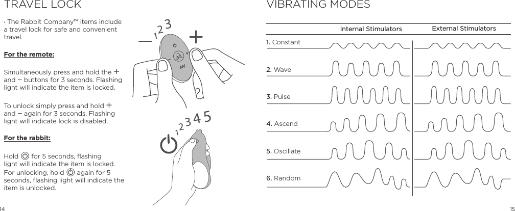 14 15TRAVEL LOCK12312345&bull; The Rabbit Company&trade; items include a travel lock for safe and convenient travel.For the remote:Simultaneously press and hold the A and A buttons for 3 seconds. Flashing light will indicate the item is locked.To unlock simply press and hold A and A again for 3 seconds. Flashing light will indicate lock is disabled.For the rabbit:Hold A for 5 seconds, flashing light will indicate the item is locked. For unlocking, hold A again for 5 seconds, flashing light will indicate the item is unlocked.Internal Stimulators External Stimulators1. Constant2. Wave3. Pulse4. Ascend5. Oscillate6. RandomVIBRATING MODES